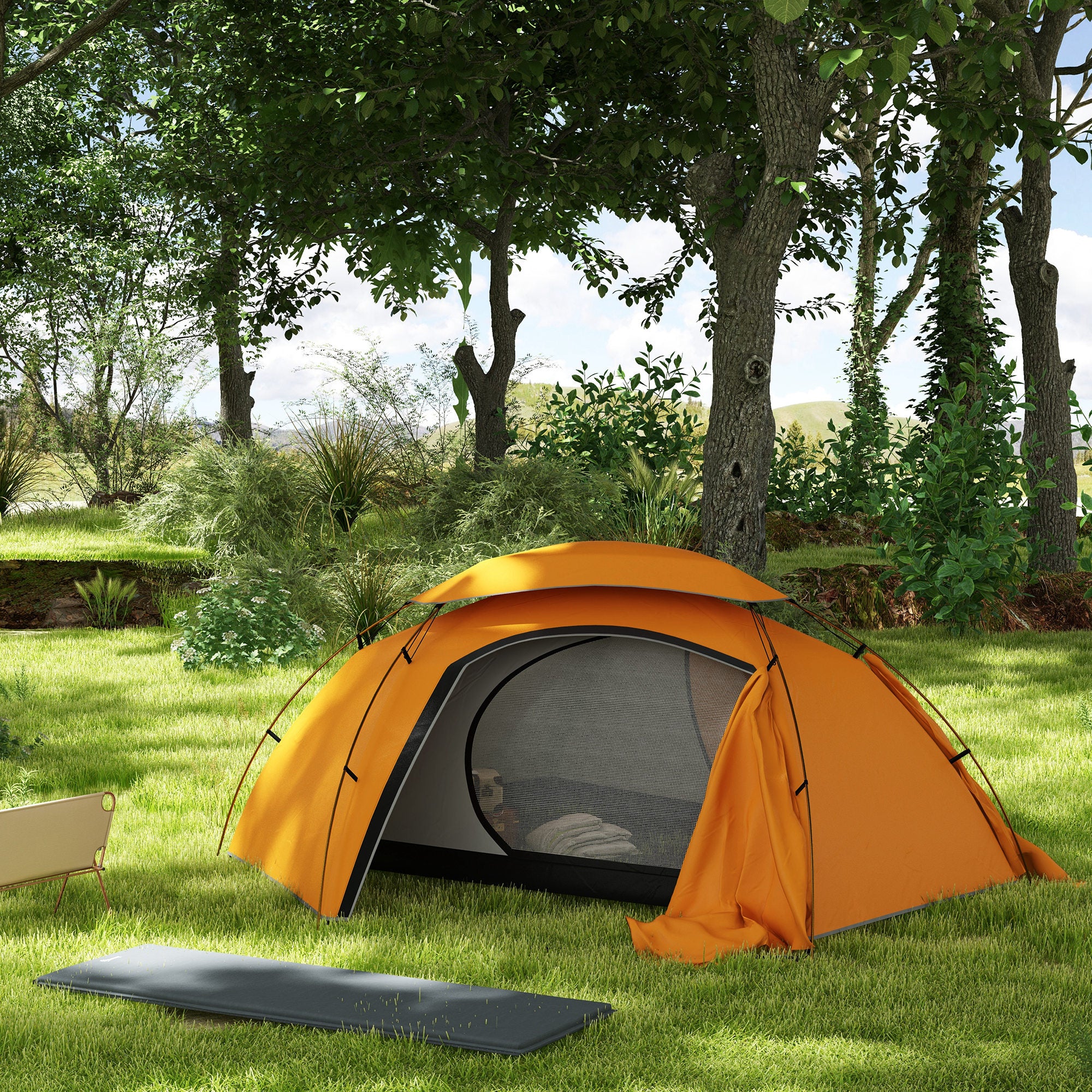 Camping Tent with Self Inflatable Mattress, 1 Person Dome Tent with Removable Rainfly and Aluminium Frame, 2000mm Waterproof, Portable with Bags, for Fishing Hiking, Orange/Grey