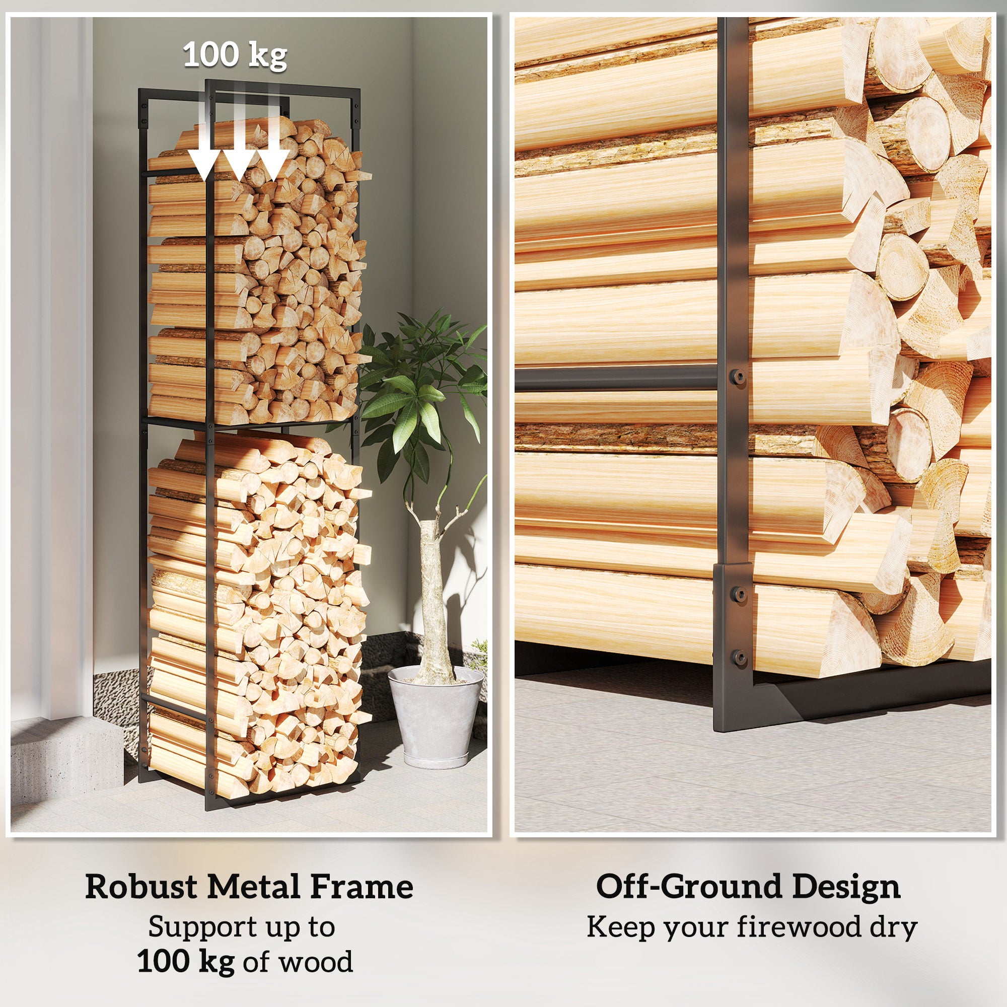 Metal Firewood Log Holder, Heavy Duty Firewood Rack with Adjustable Shelf, Indoor Outdoor Fireplace Wood Storage Shelf, 45 x 31 x 170 cm, Black