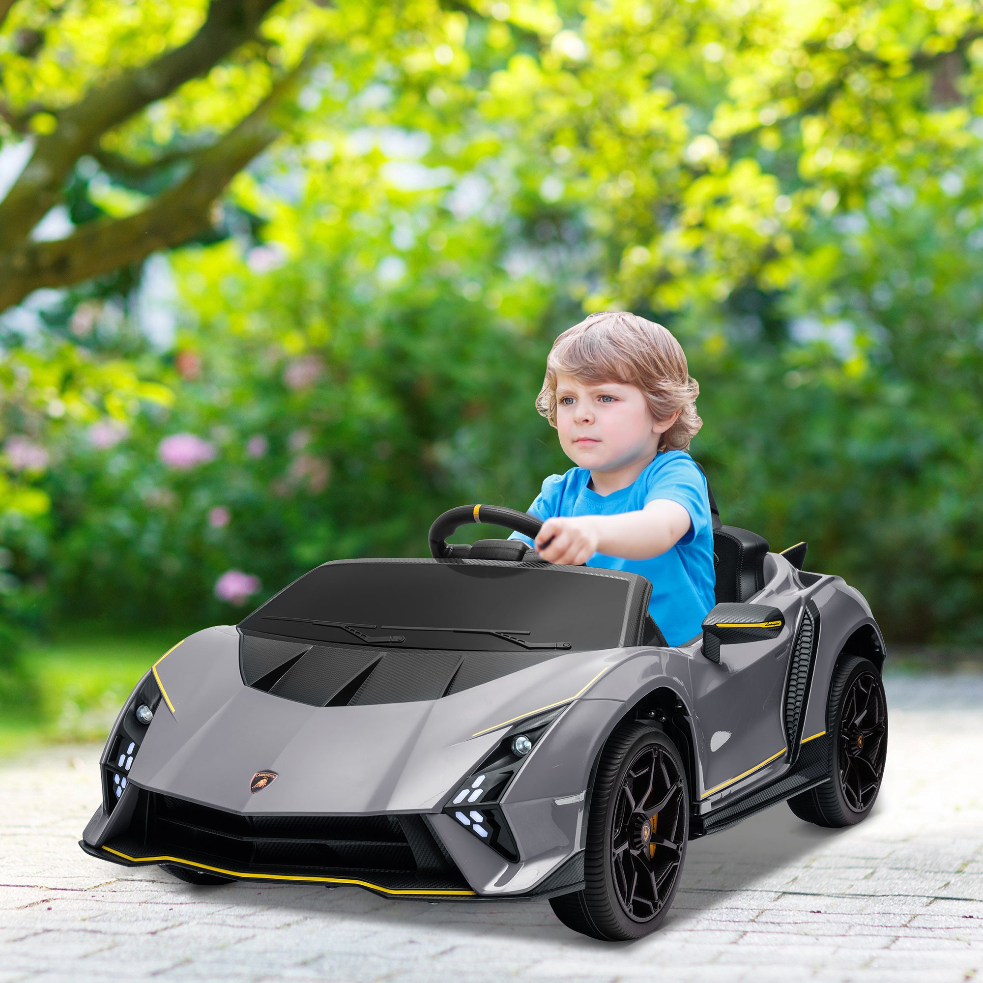 12V Lamborghini Autentica Licensed Kids Electric Car with Remote Control, Four Suspension Wheels, Soft Start, Grey