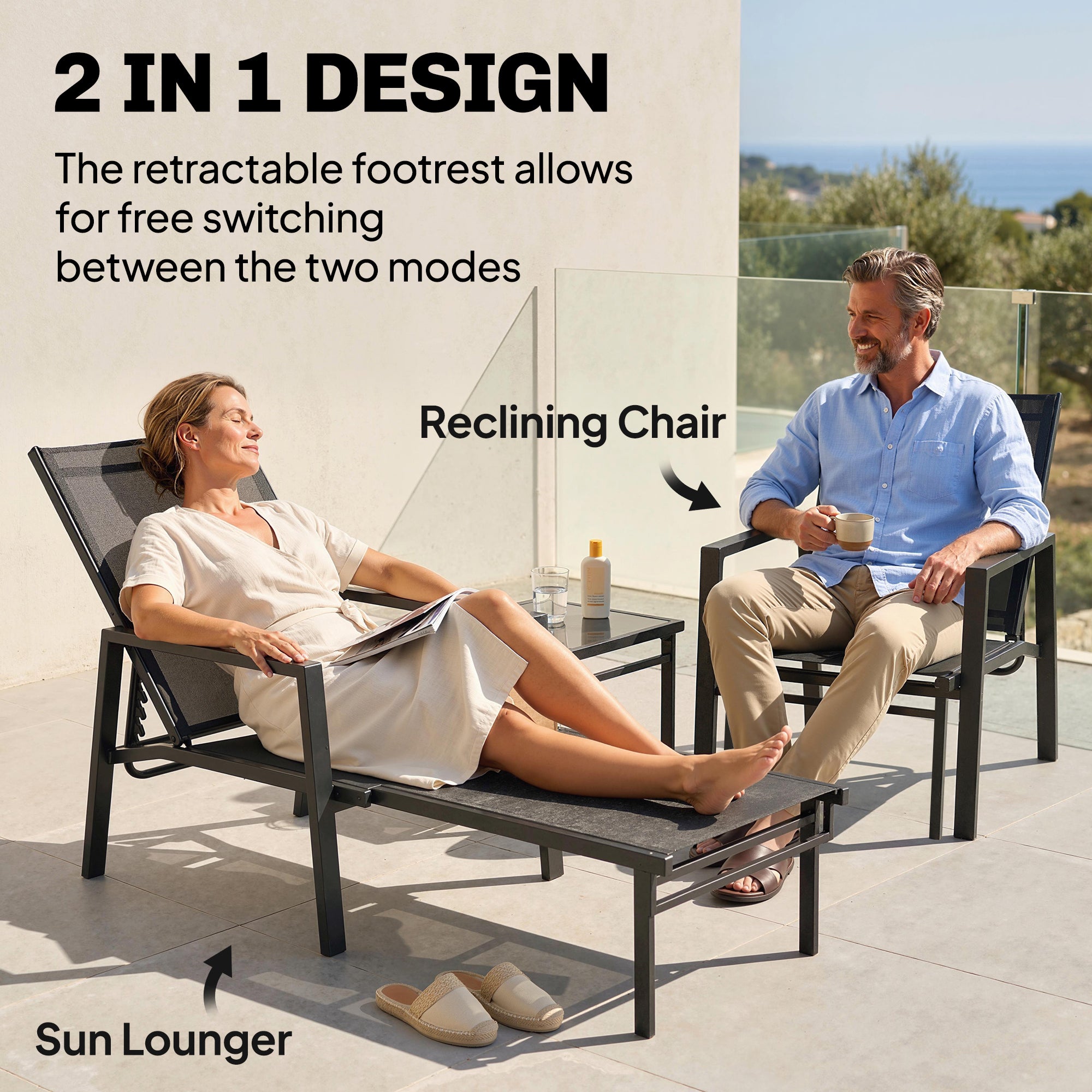 Sun Loungers Set of 2 Retractable Footrest 5-Position Adjustable Steel Frame for Beach, Porch, Patio, Camping, Black