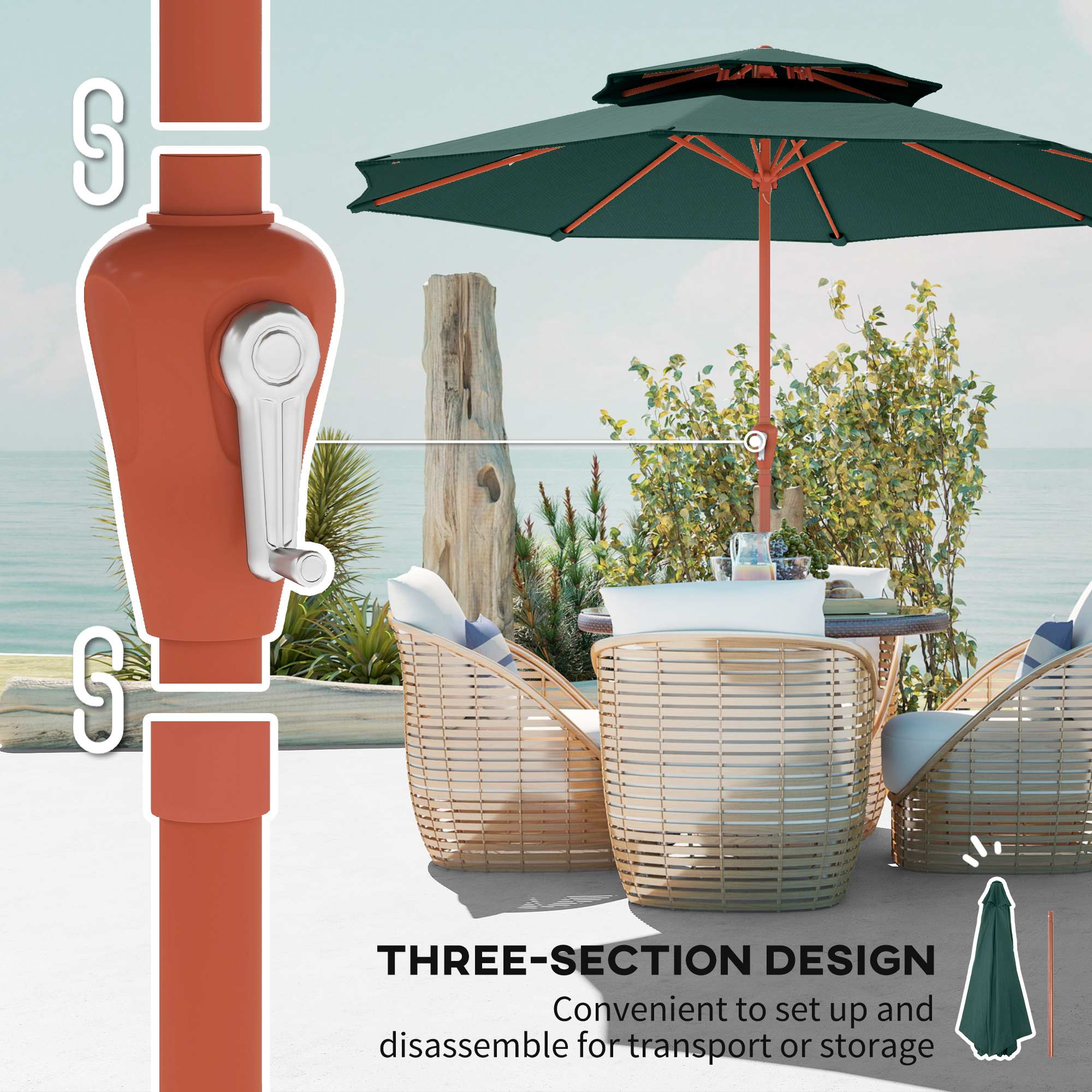 2.7 m Garden Parasol with Double Top Outdoor Market Table Umbrella with Crank System, Green