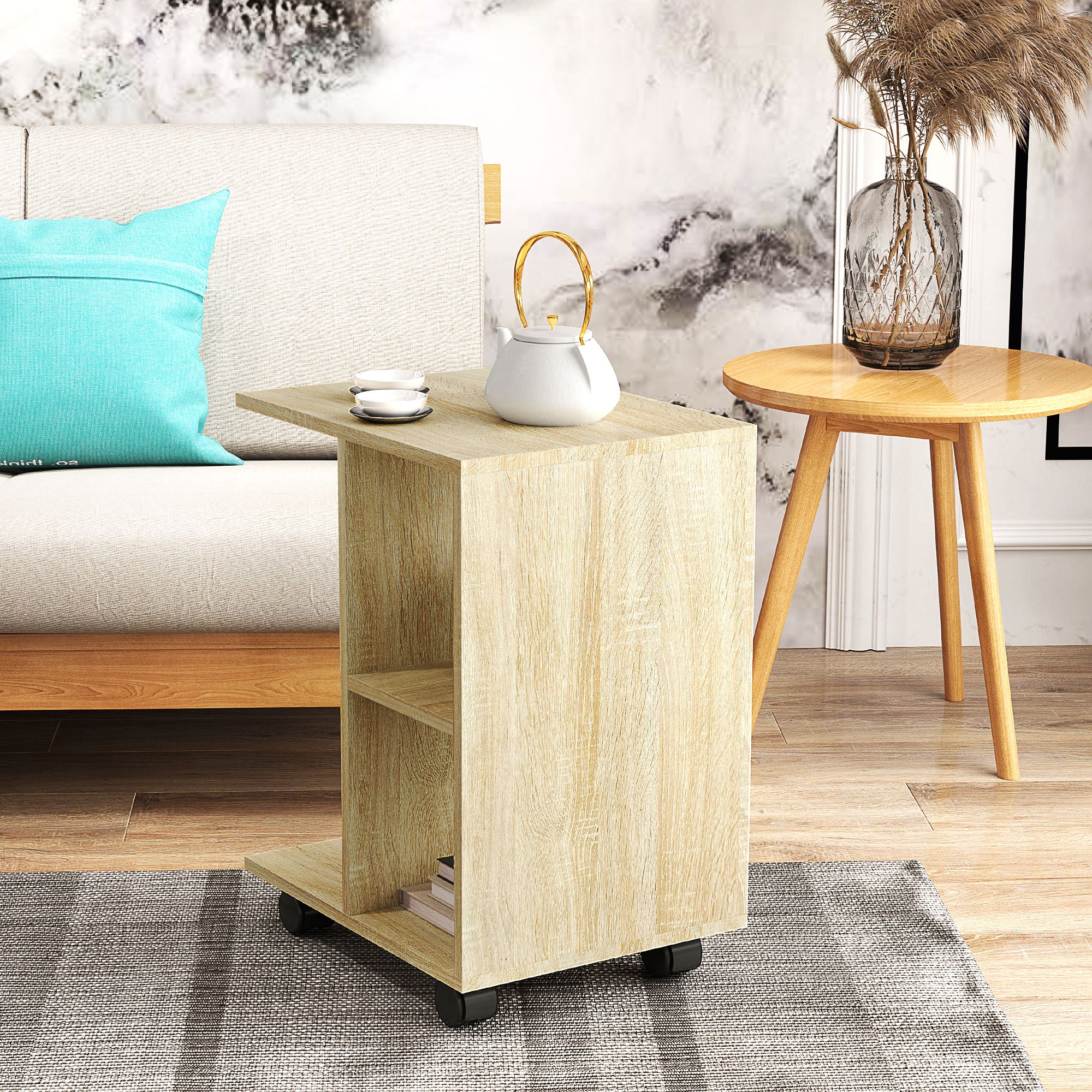 C-Shape End Table Unique Storage Unit w/ 2 Shelves 4 Wheels Freestanding Home Office Furniture Cabinet Square Studio Natural