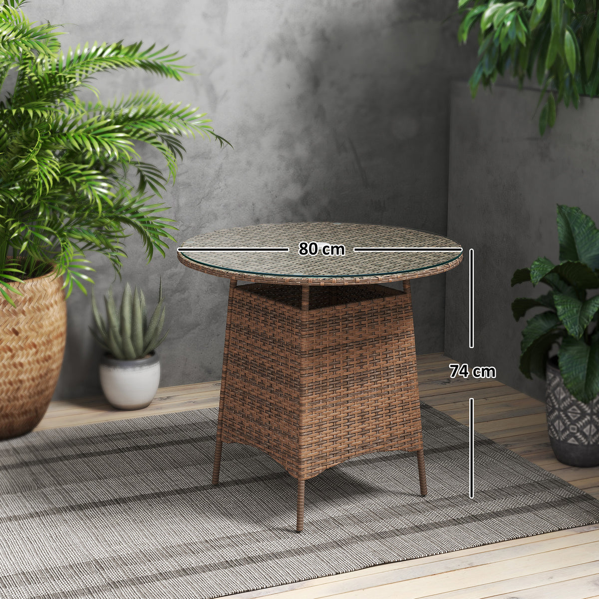 Wicker Rattan Outdoor Coffee Table with Tempered Glass Top - Brown