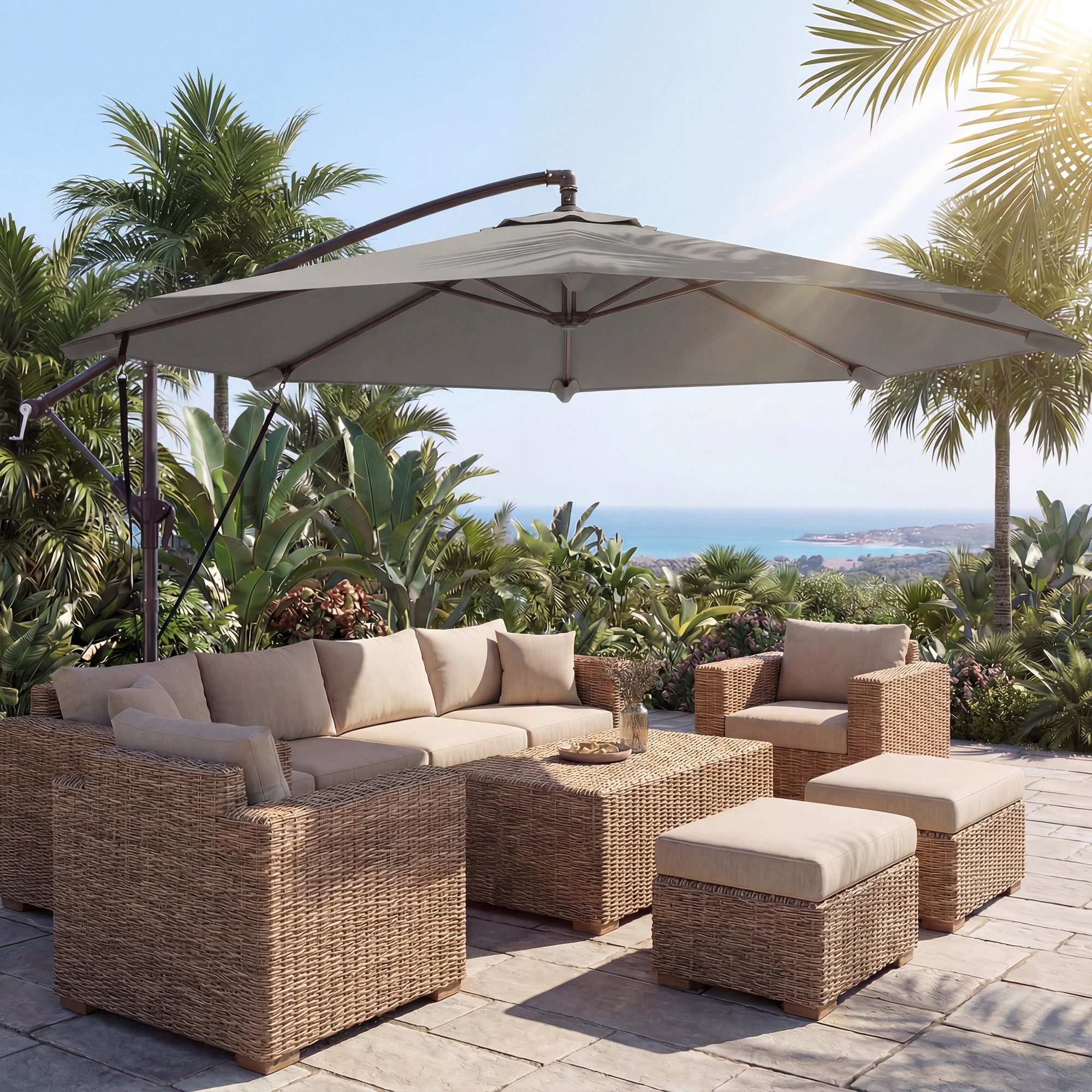 3 m Cantilever Parasol with Protective Cover and Wind Ropes, Banana Parasol with Crank Handle, Light Grey