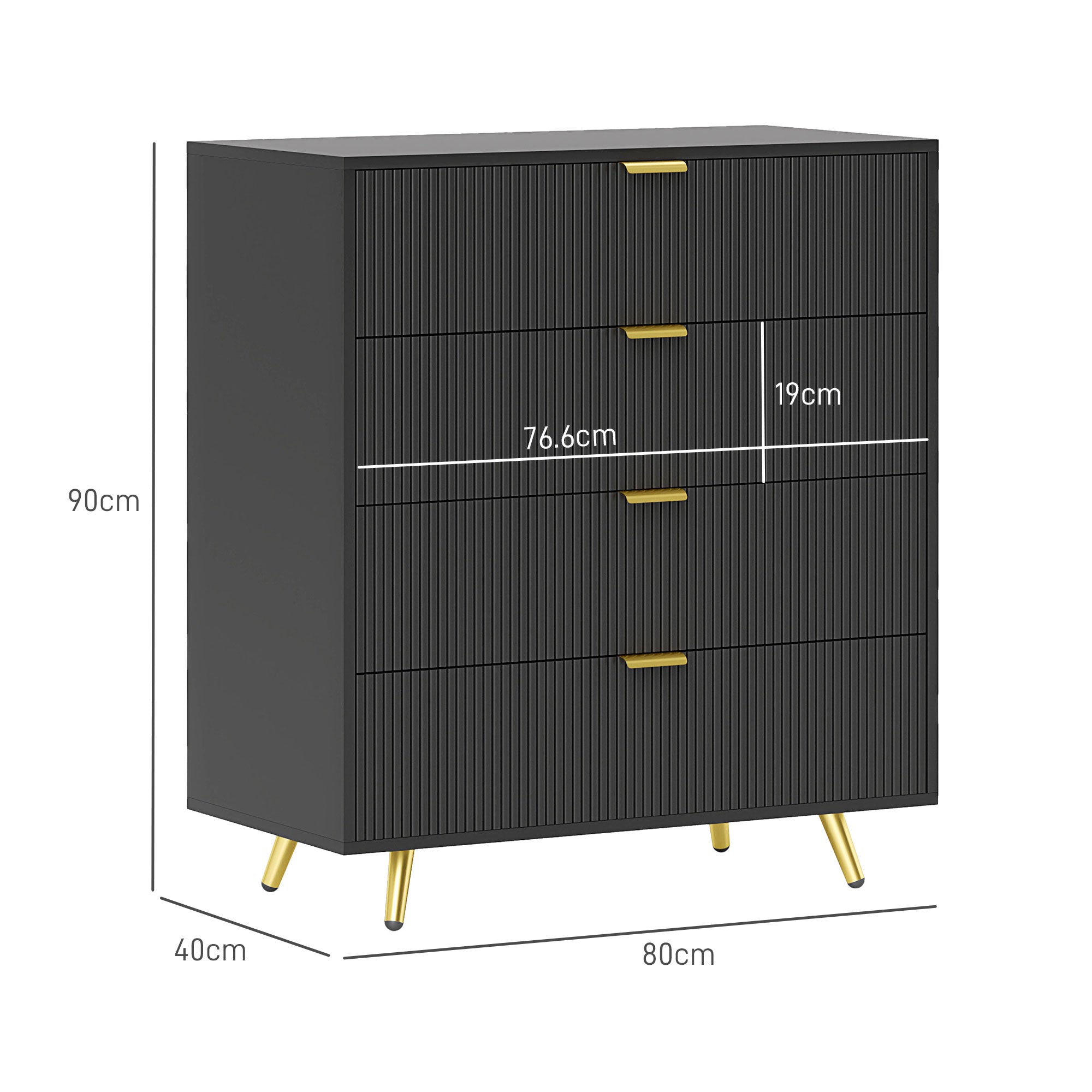 Elegant Four-Drawer Bedside Table with Gold Handles - Black