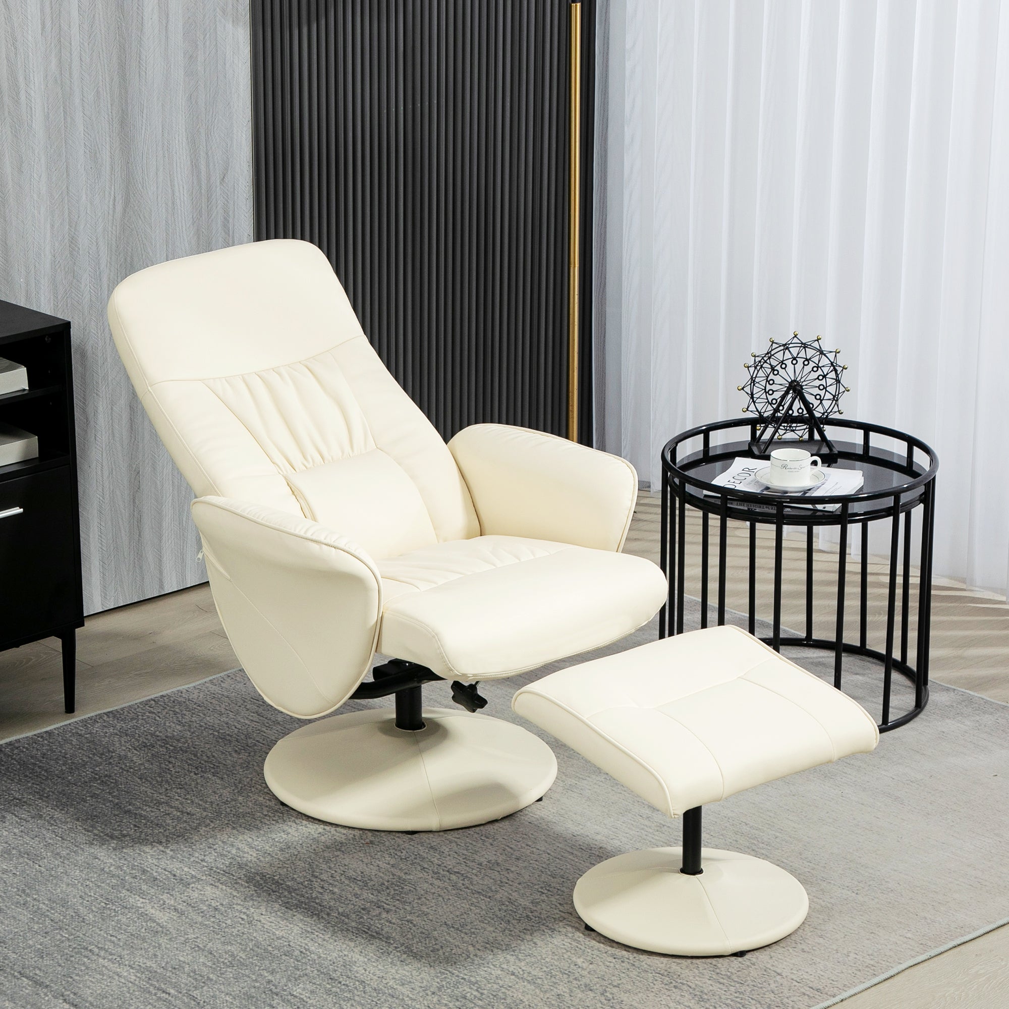 Swivel Recliner Chair with Footstool, PU Leather Armchair and Ottoman with High Back and Round Base for Living Room, Cream White