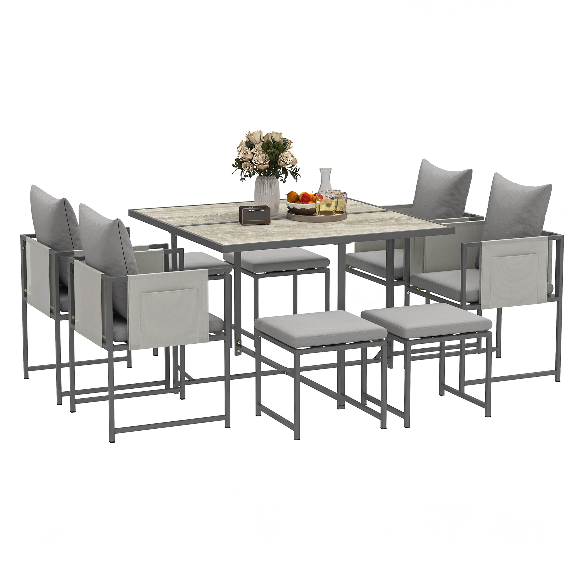 9 Piece Steel Frame Garden Dining Set with Cushions - Grey