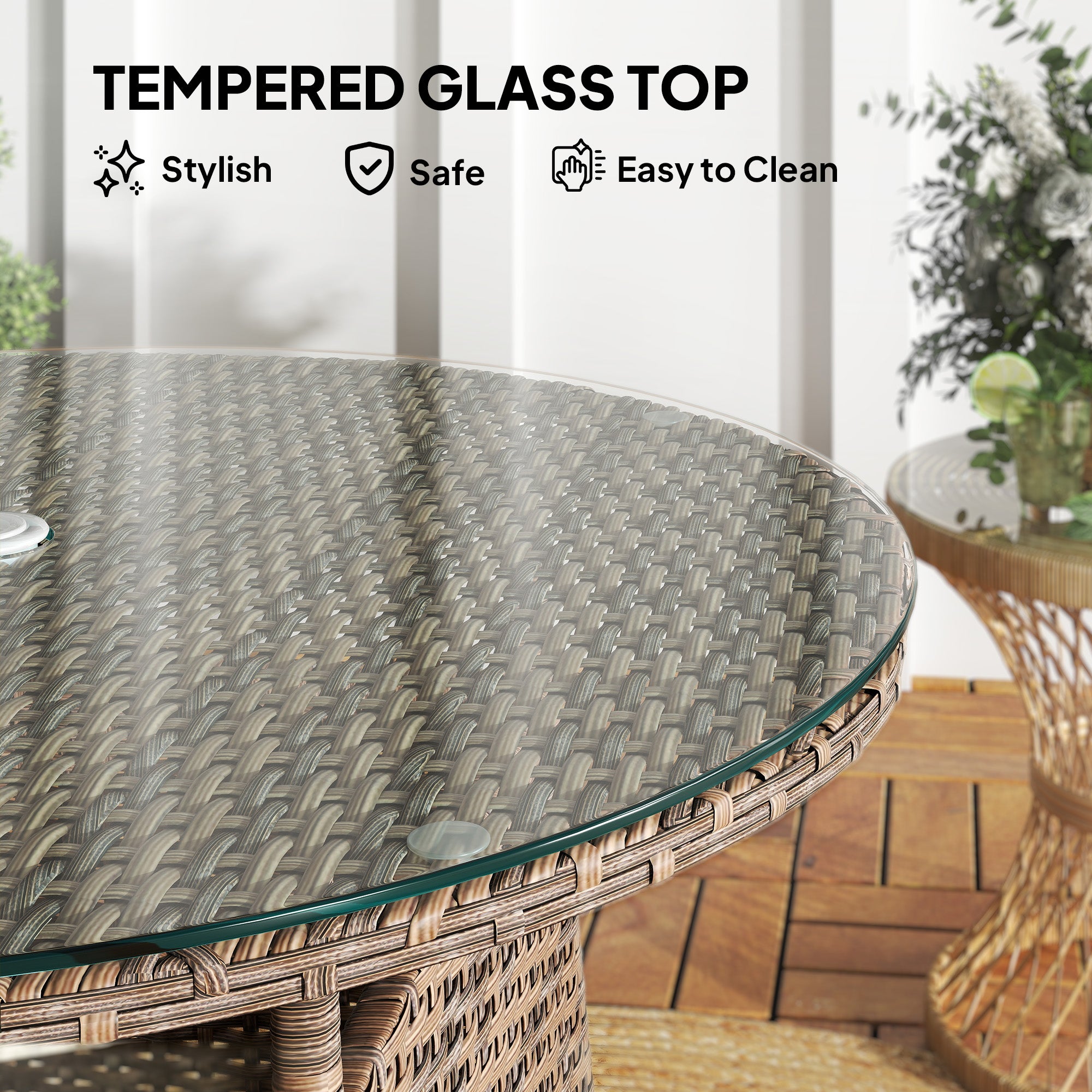 Wicker Rattan Outdoor Coffee Table with Tempered Glass Top - Brown