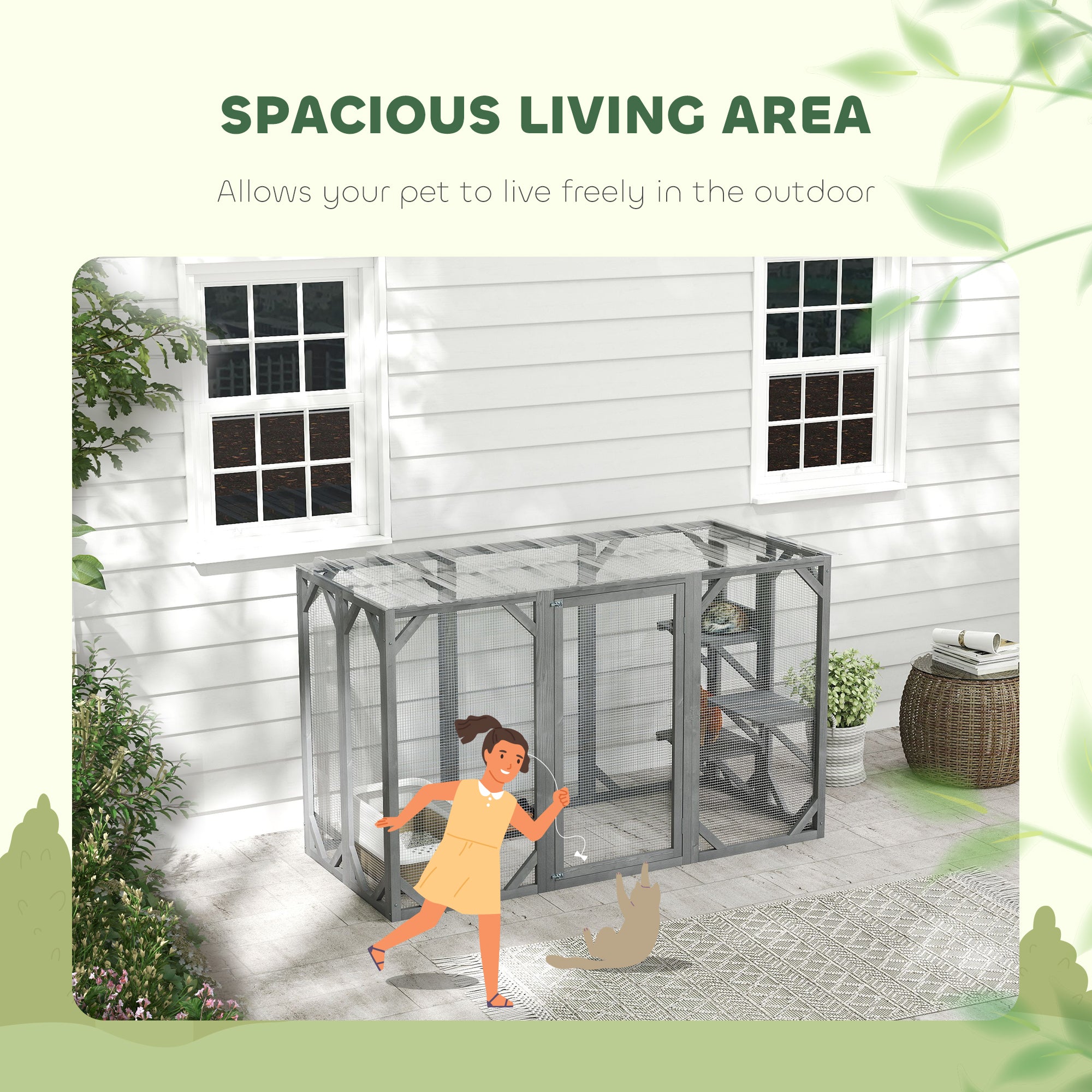 71" Outdoor Wooden Cat House with Three Platforms, Large Door, Water-Resistant Roof, for Multiple Cats, Grey