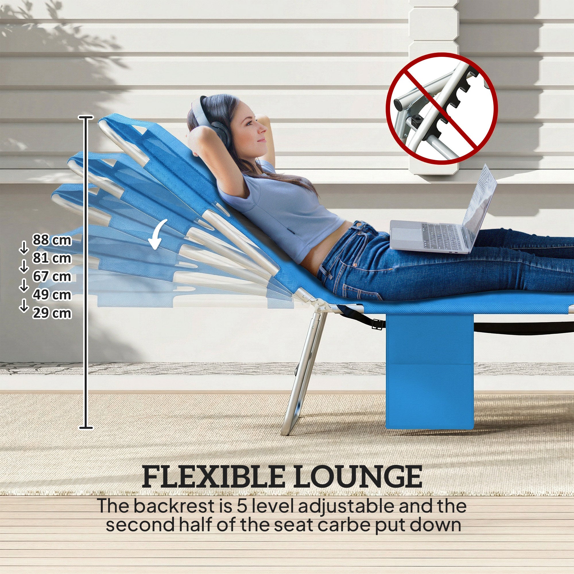 5-Position Adjustable Sun Loungers Set of 2 with Reading Hole and Side Pocket, Blue