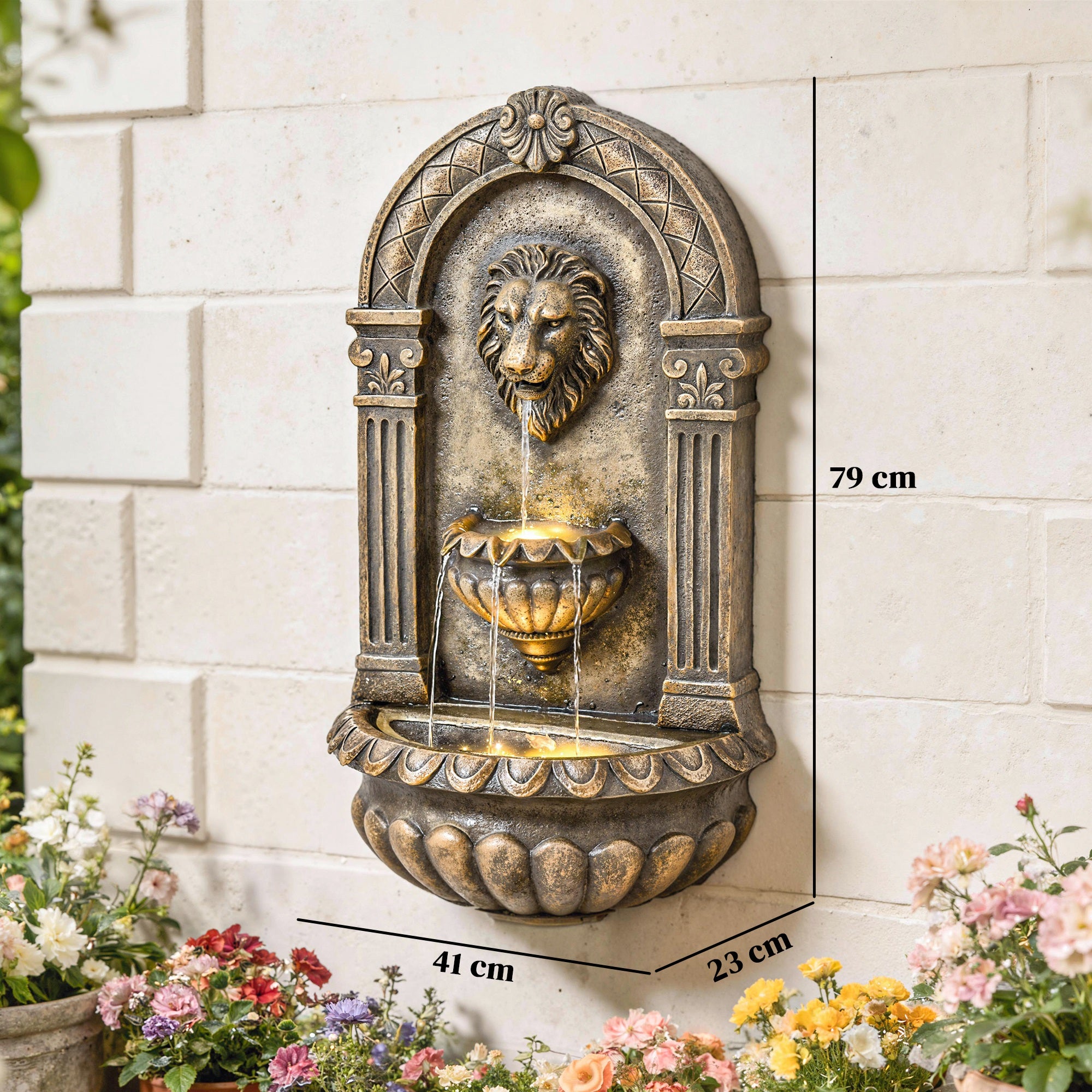 Wall-Mounted Water Fountain, 3-Tier Cascading Waterfall with LED Lights and Adjustable Flow for Patio, Rustic Brown