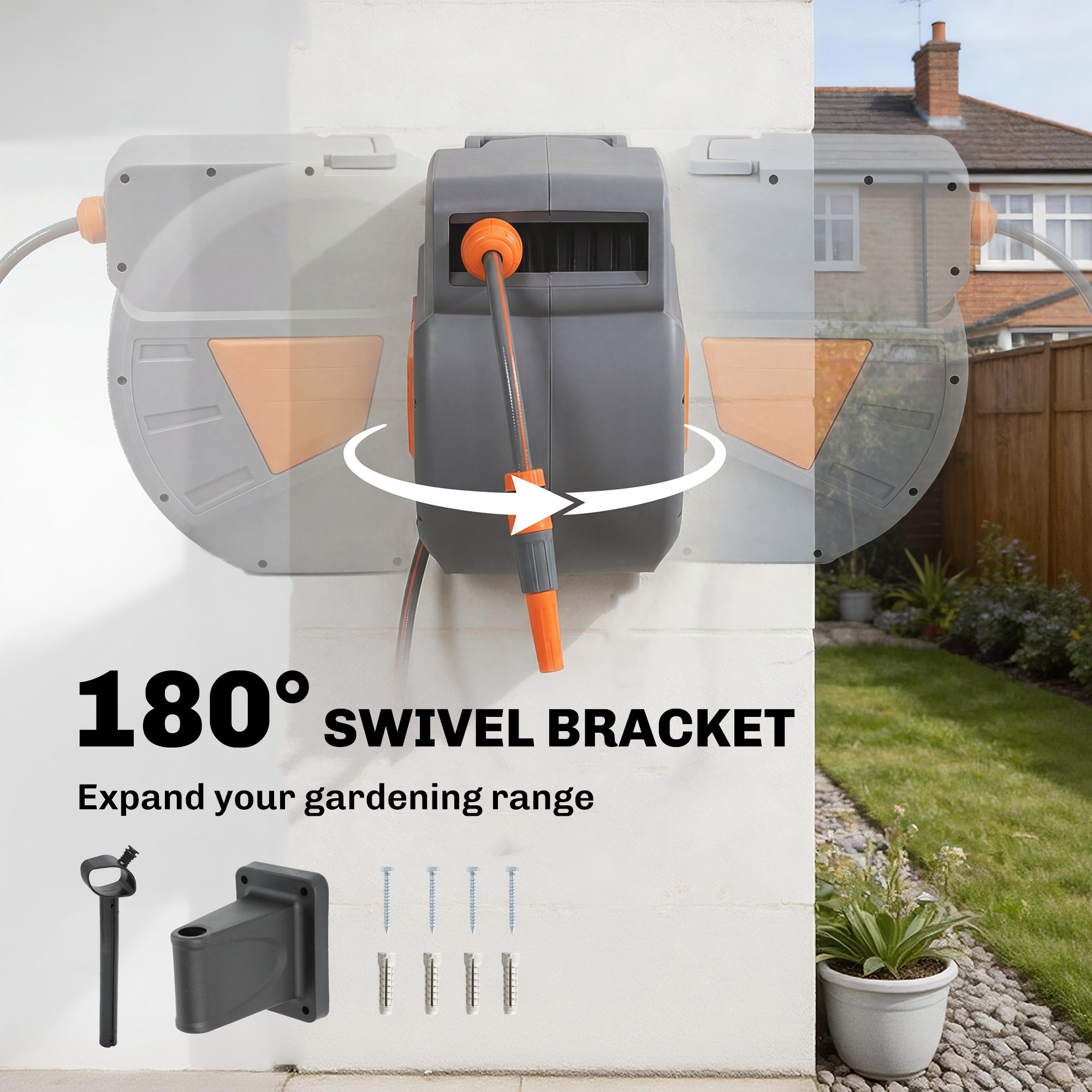 Retractable Hose Reel Wall Mounted, 20+1.6m Garden Hose Pipe Reel with Auto Retraction, Self-Locking, Orange