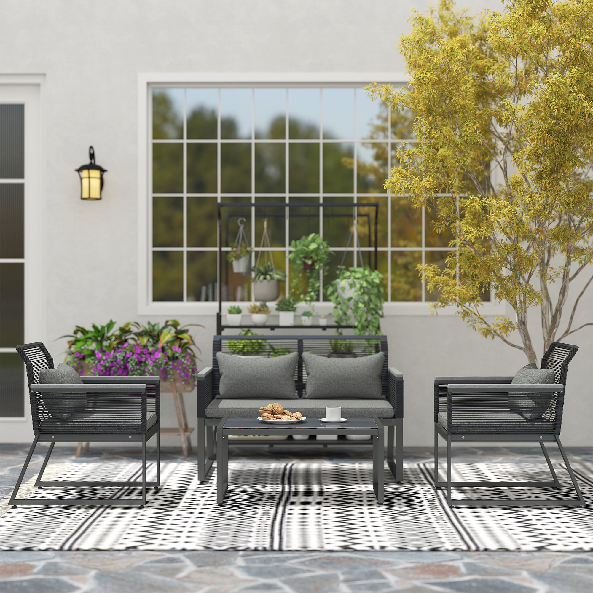 4 Piece PE Rattan Garden Furniture Set with Metal Frame - Charcoal Grey