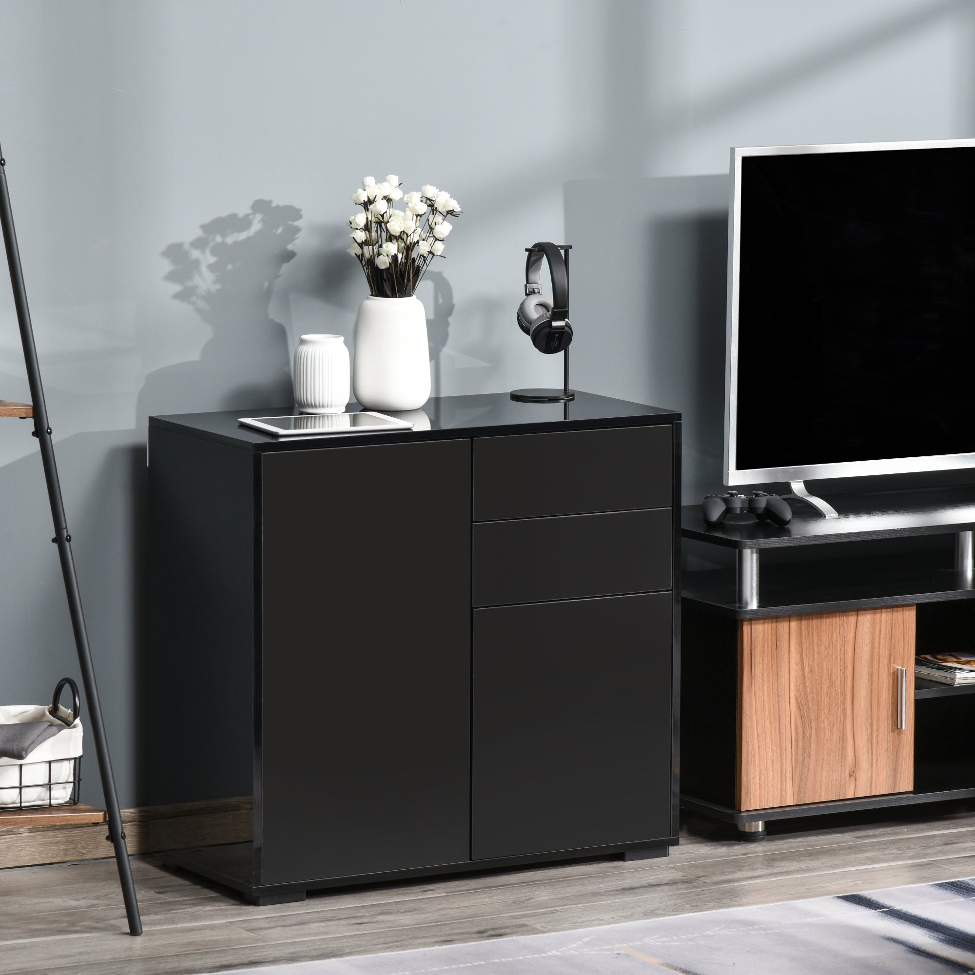 High Gloss Frame Sideboard, Side Cabinet, Push-Open Design with 2 Drawer for Living Room, Bedroom, Black