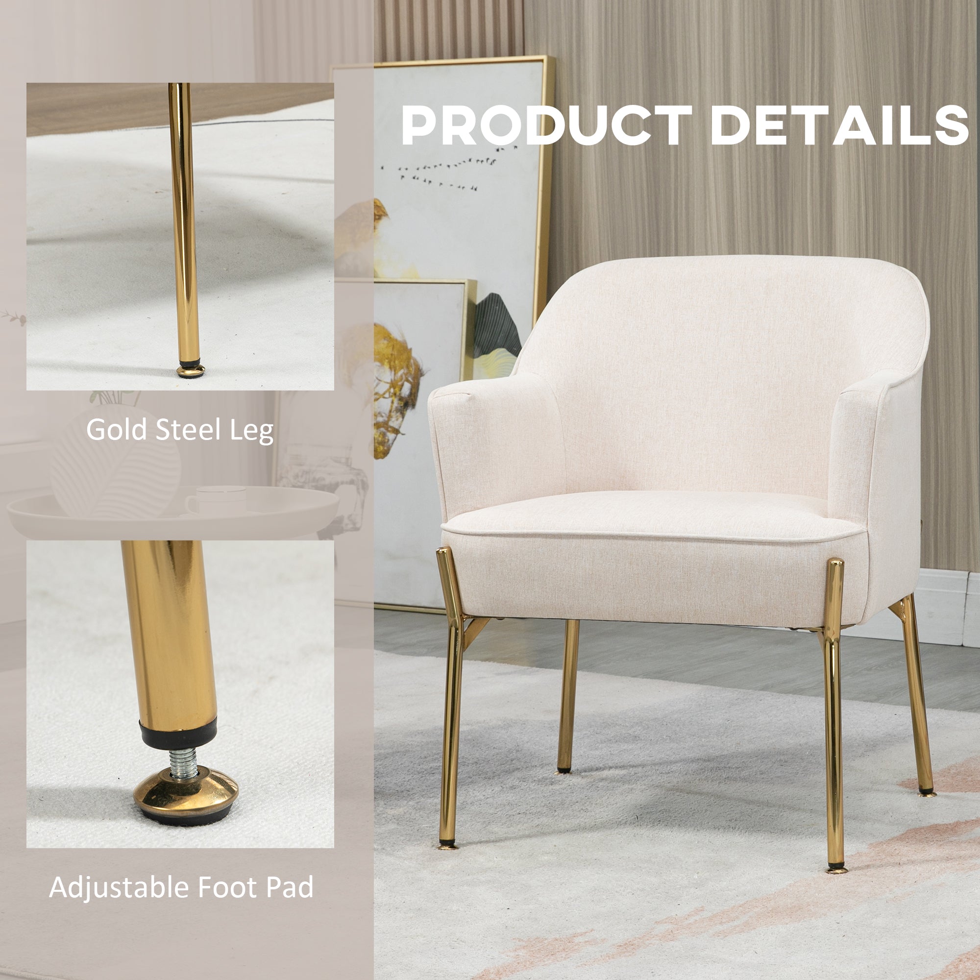 Accent Chair, Living Room Armchair, Vanity Chair with Gold Plating Metal Legs and Soft Padded Seat for Bedroom and Caf©, Set of 2, White