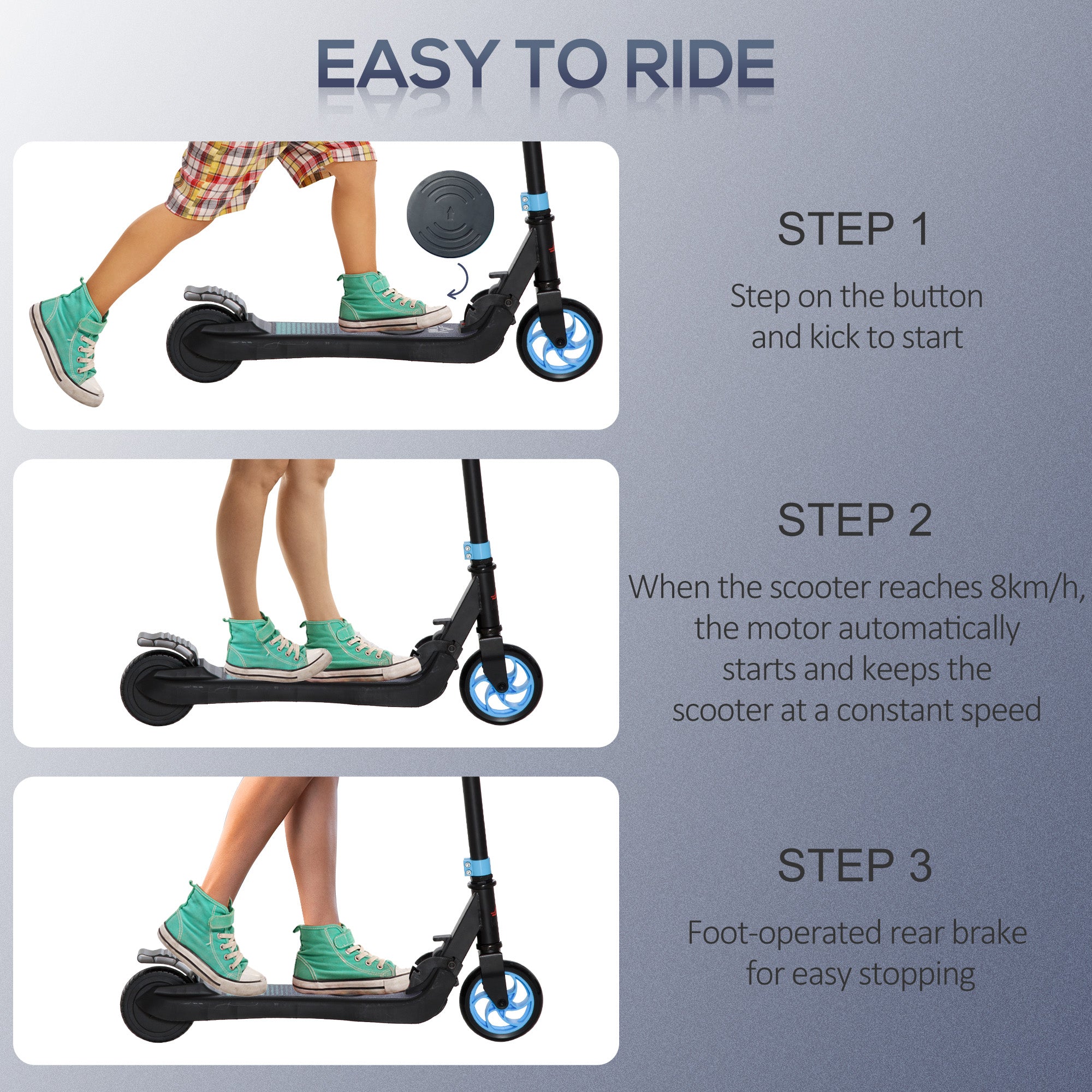 Folding Electric Scooter with Brake, for Ages 6+ Years, 8km/h Maximum Speed, Blue