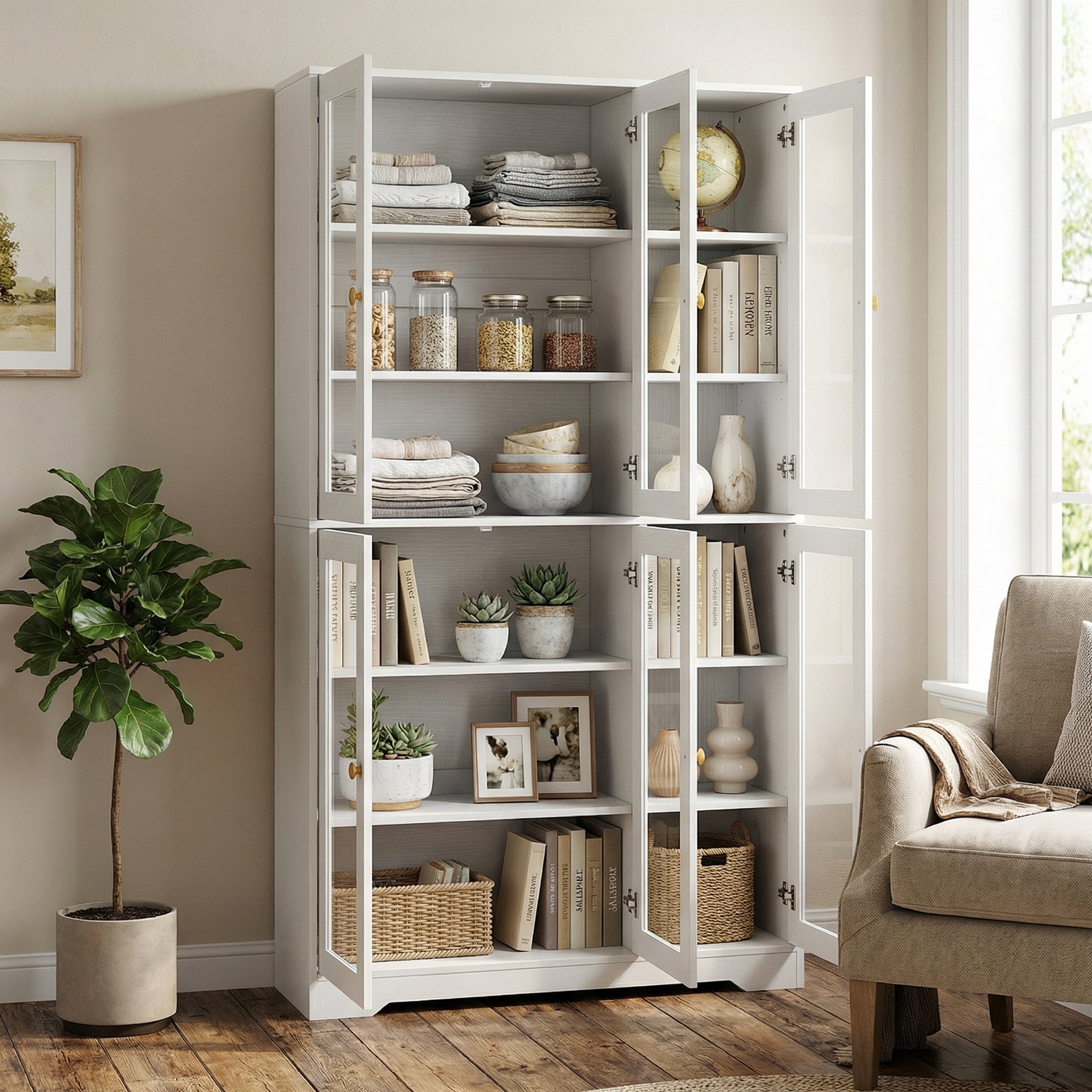 Multi-Storage Kitchen Cabinet, with Glass Doors - White Wood-Effect