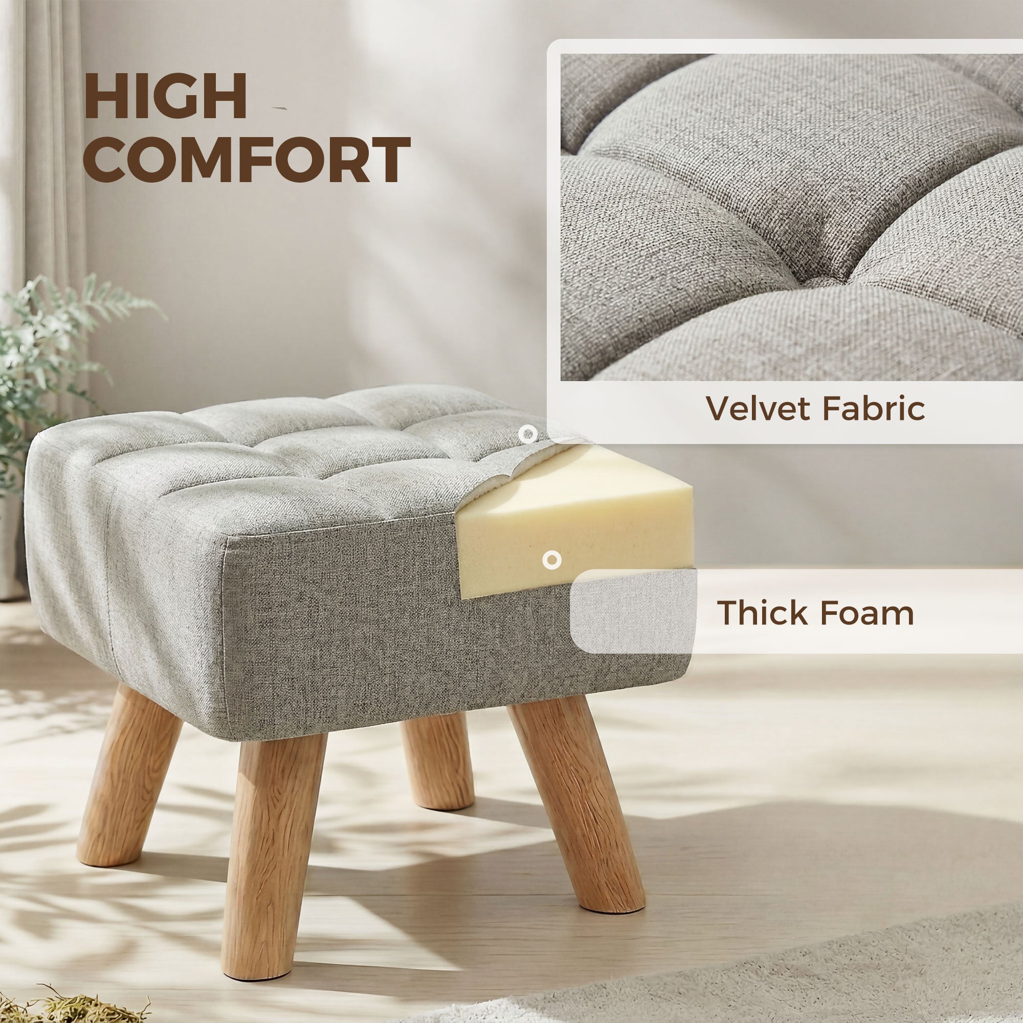 Linen-Look Square Padded Footstool - Light Brown