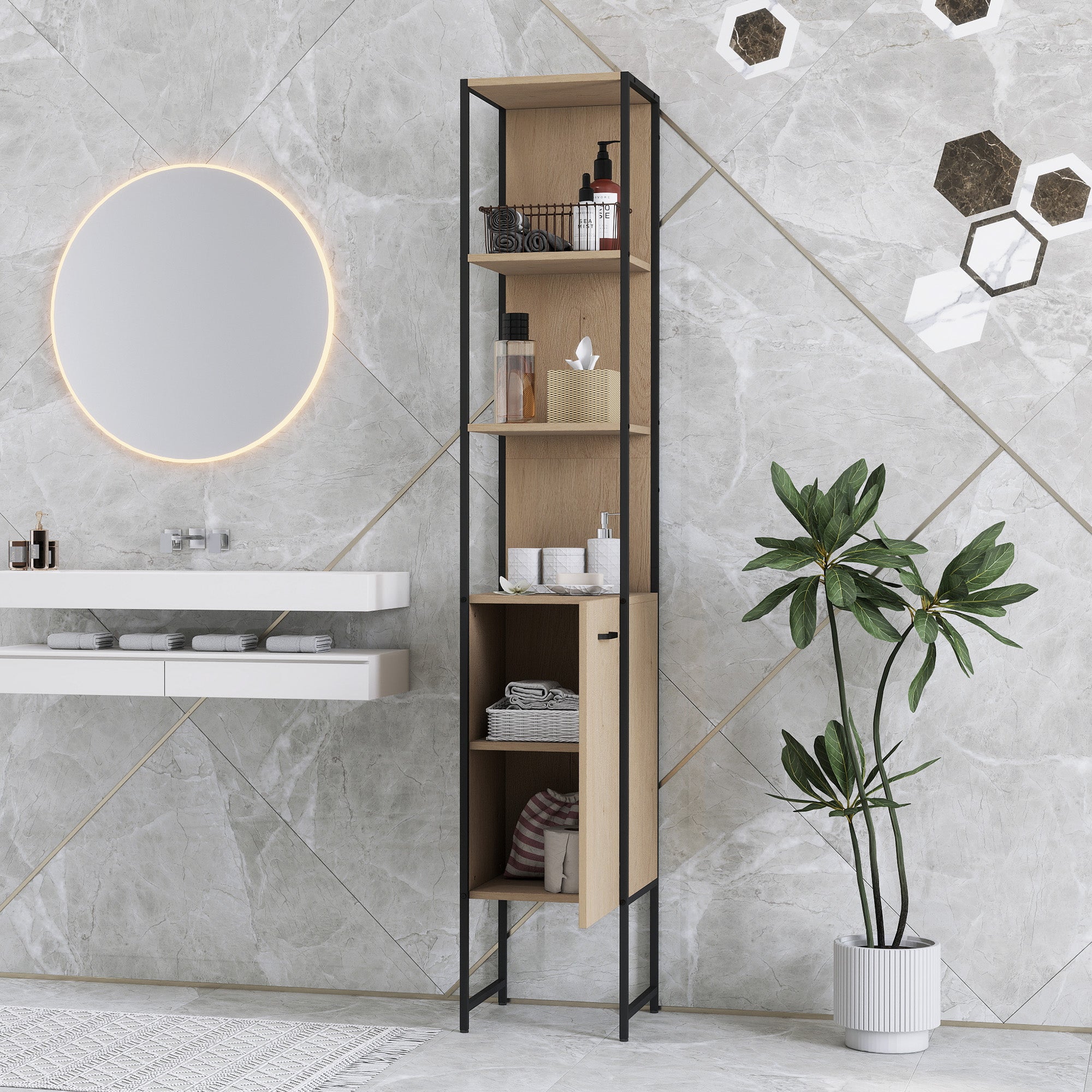 Tall Bathroom Cabinet with Open Shelves and Adjustable Shelf - Natural Wood Finish