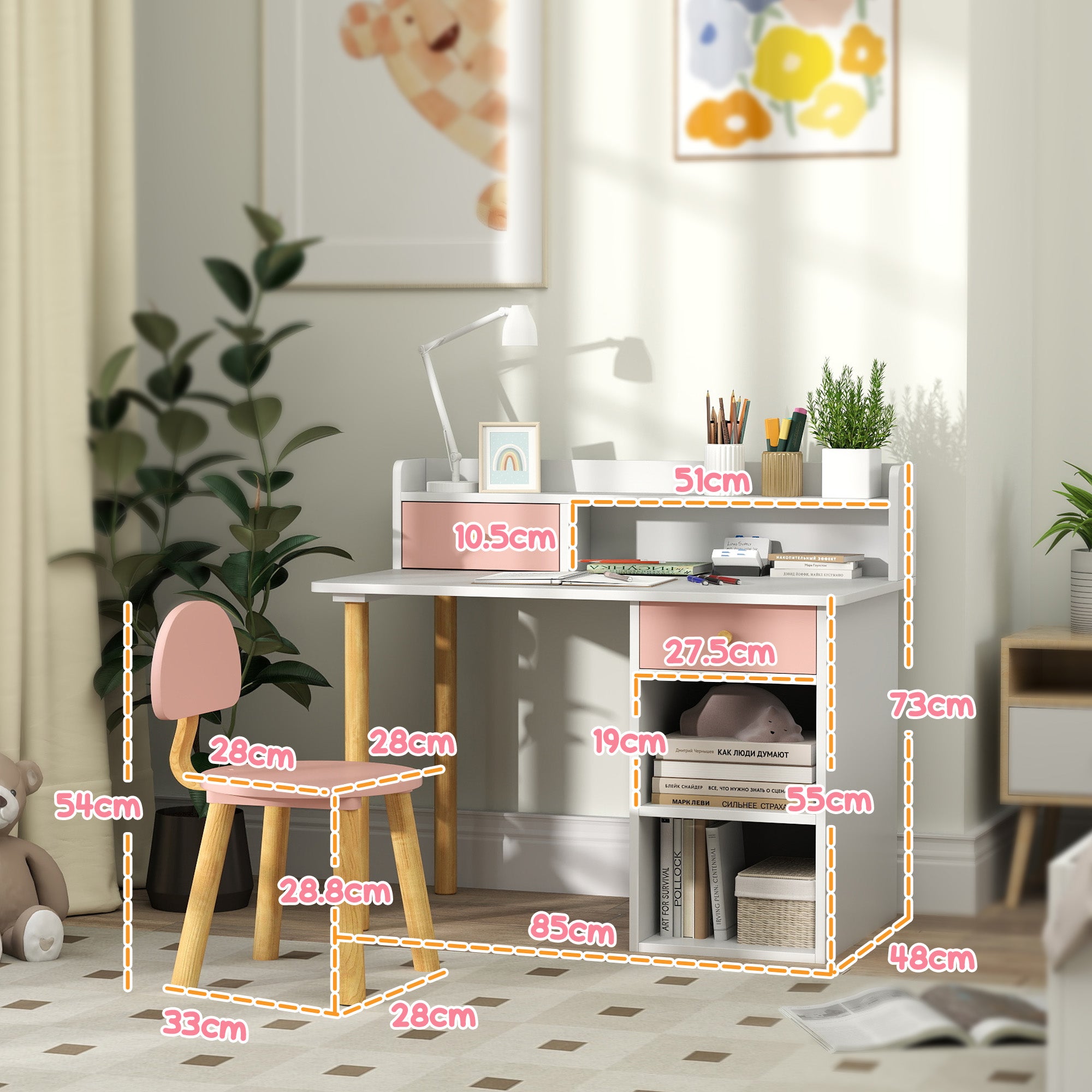 2 Piece Kids Study Table and Chair Set with Storage - Pink