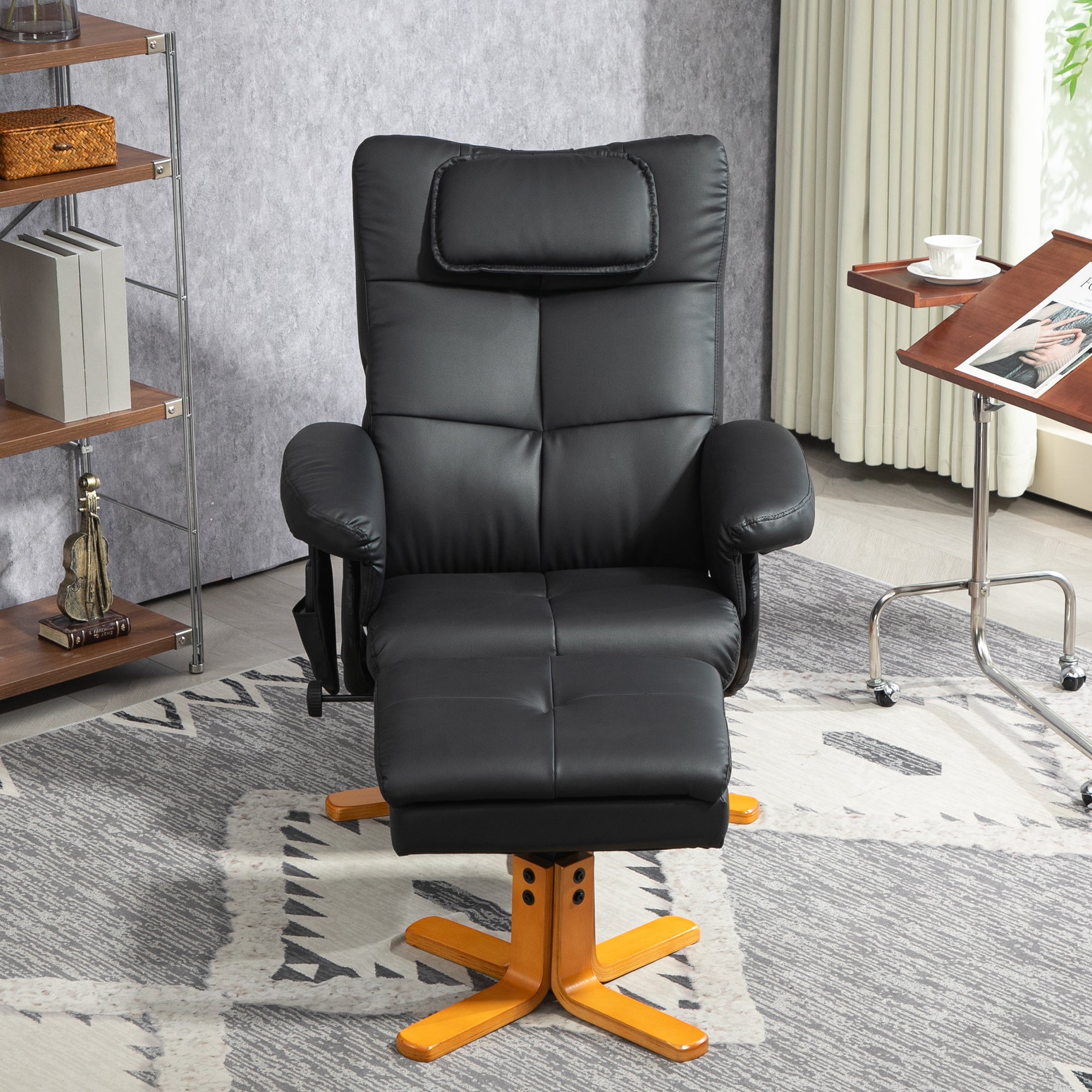 Faux Leather Massage Recliner Chair, with Storage Ottoman - Black