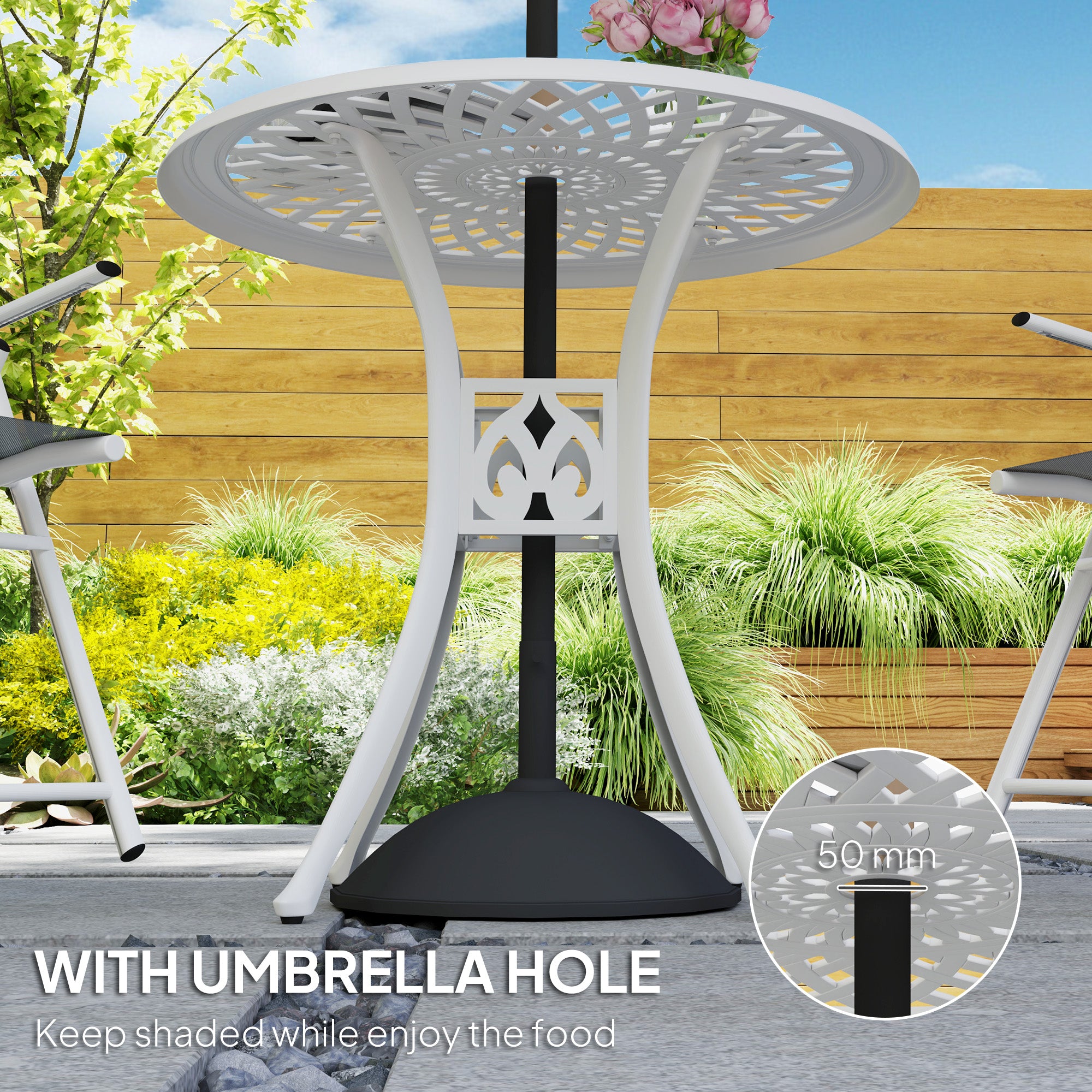 78 cm Round Garden Dining Table with Parasol Hole - White Cast Aluminium