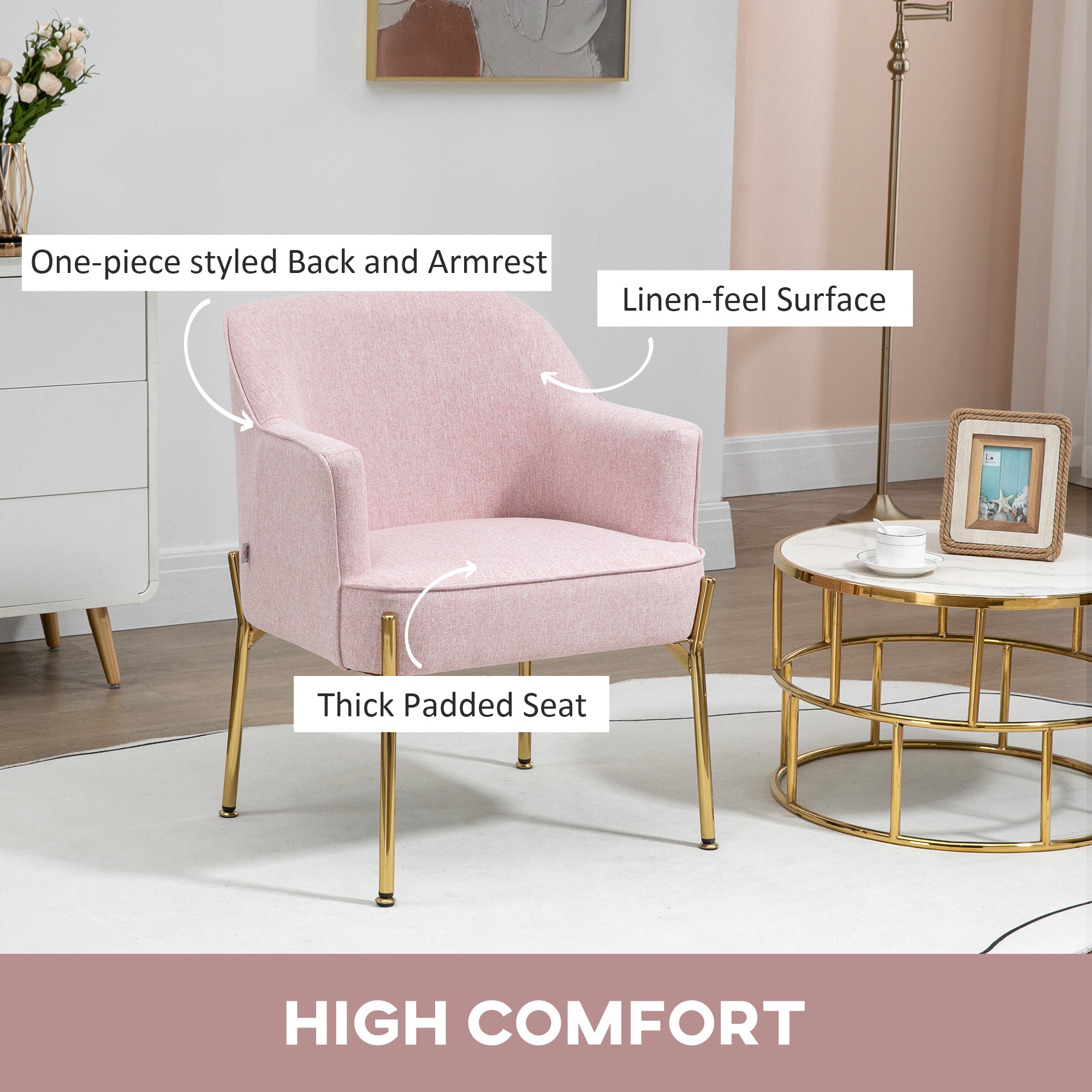 Accent Chair, Living Room Armchair, Vanity Chair with Gold Plating Metal Legs and Soft Padded Seat for Bedroom and Caf©, Set of 2, Pink