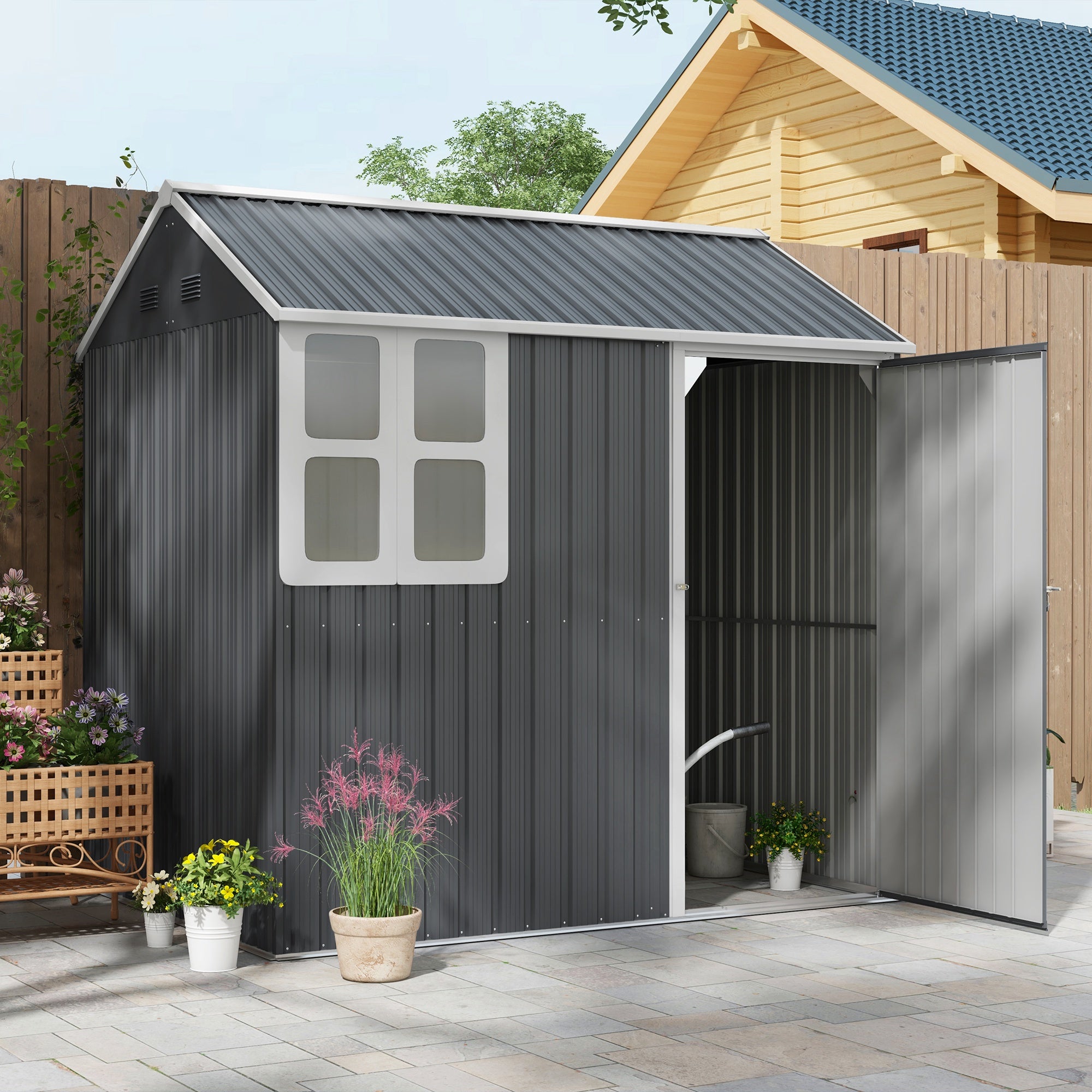 7ft x 6ft Galvanised Metal Garden Shed with Window - Dark Grey