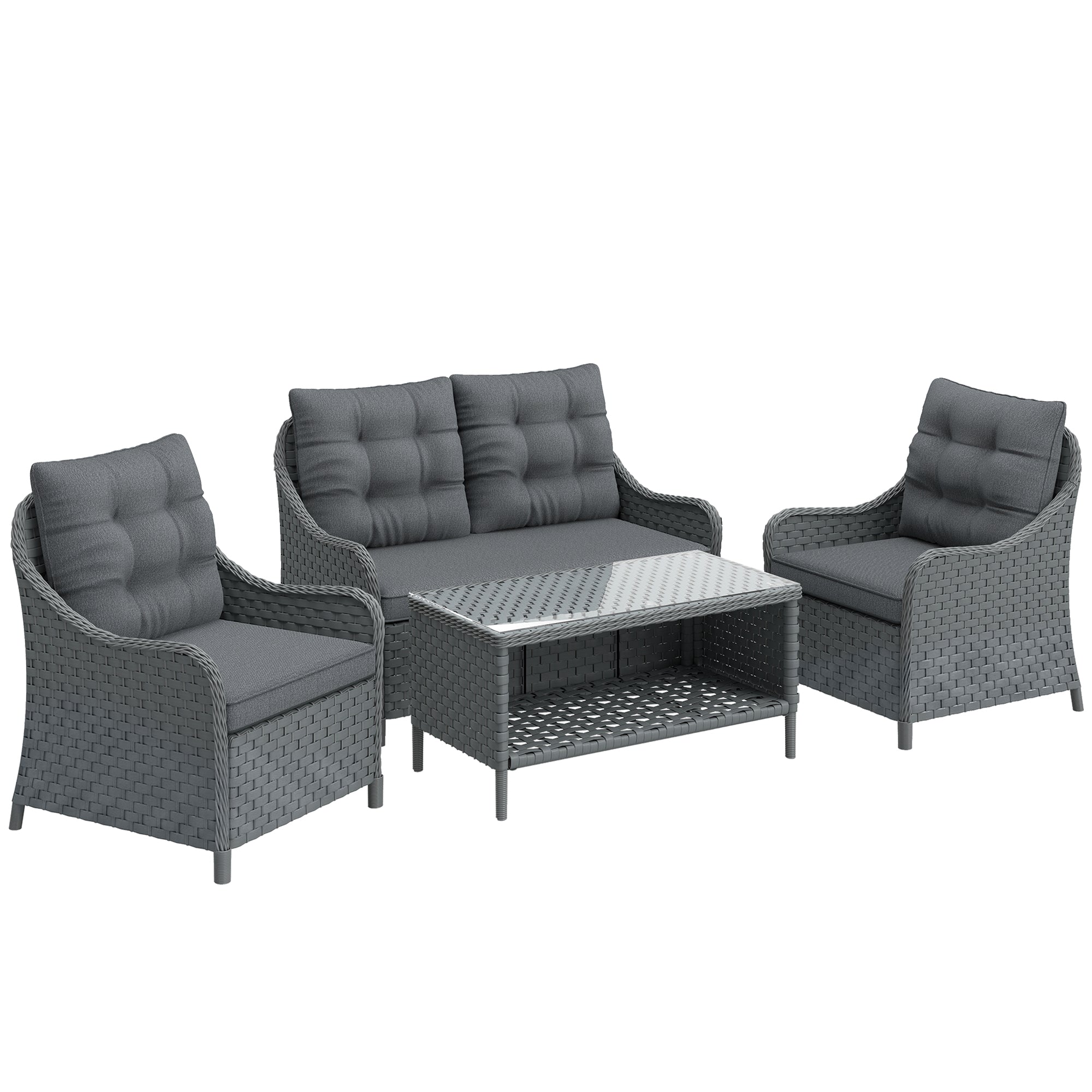4-Piece Wicker Patio Furniture Set with 2 Armchairs, Loveseat, Glass Coffee Table, Conversation Sofa Set, Dark Grey