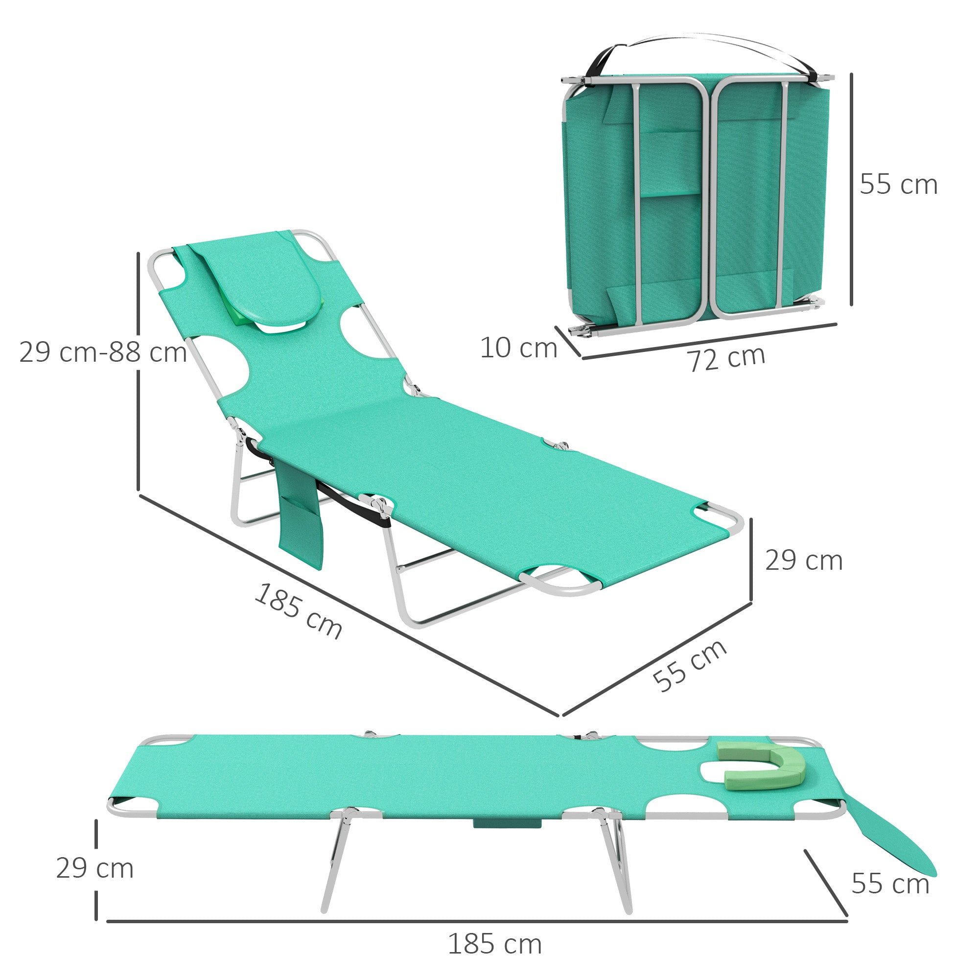 Foldable Sun Lounger Set of 2 with Reading Hole, Portable Sun Lounger with 5 Level Adjustable Backrest, Reclining Lounge Chair with Side Pocket, Headrest Pillow, Green