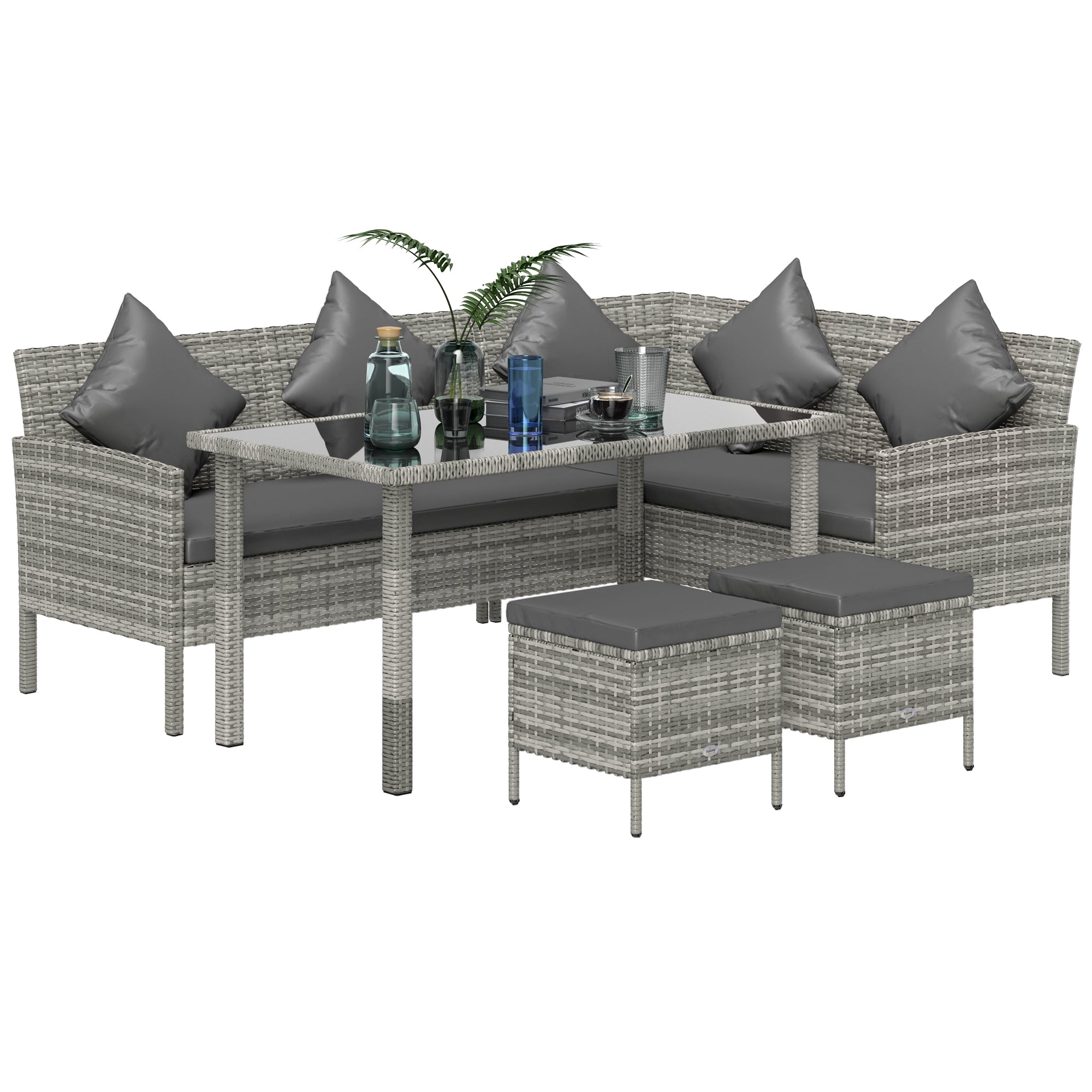 tsunny 6-Seater Rattan Dining Set Sofa Table Footstool Outdoor w/ Cushion Garden Furniture, Dark Grey