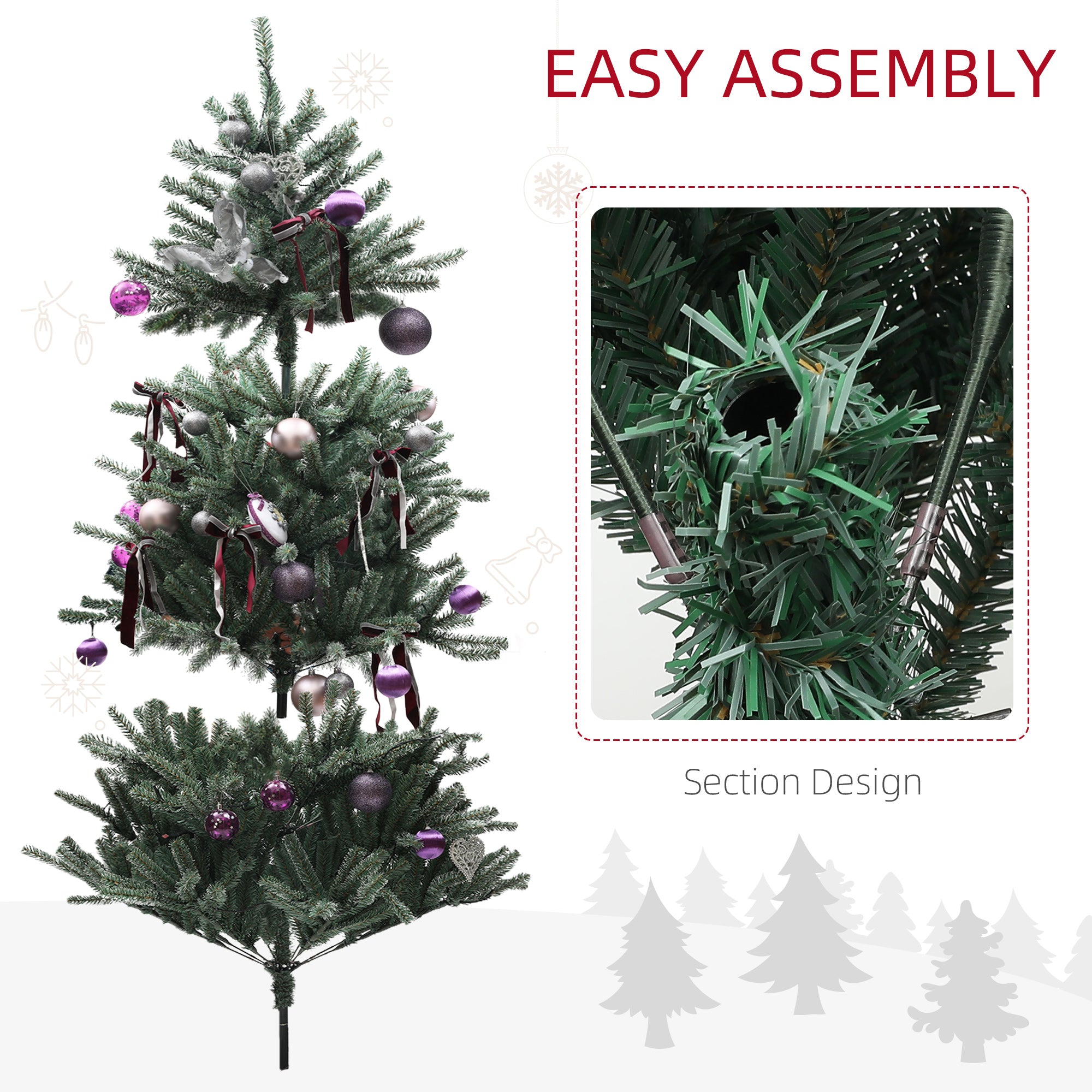 6ft Artificial Prelit Christmas Tree with Warm White LED Lights and 796 Tips, Metal Stand, Xmas Tree with Purple Ornaments for Home Office Holiday