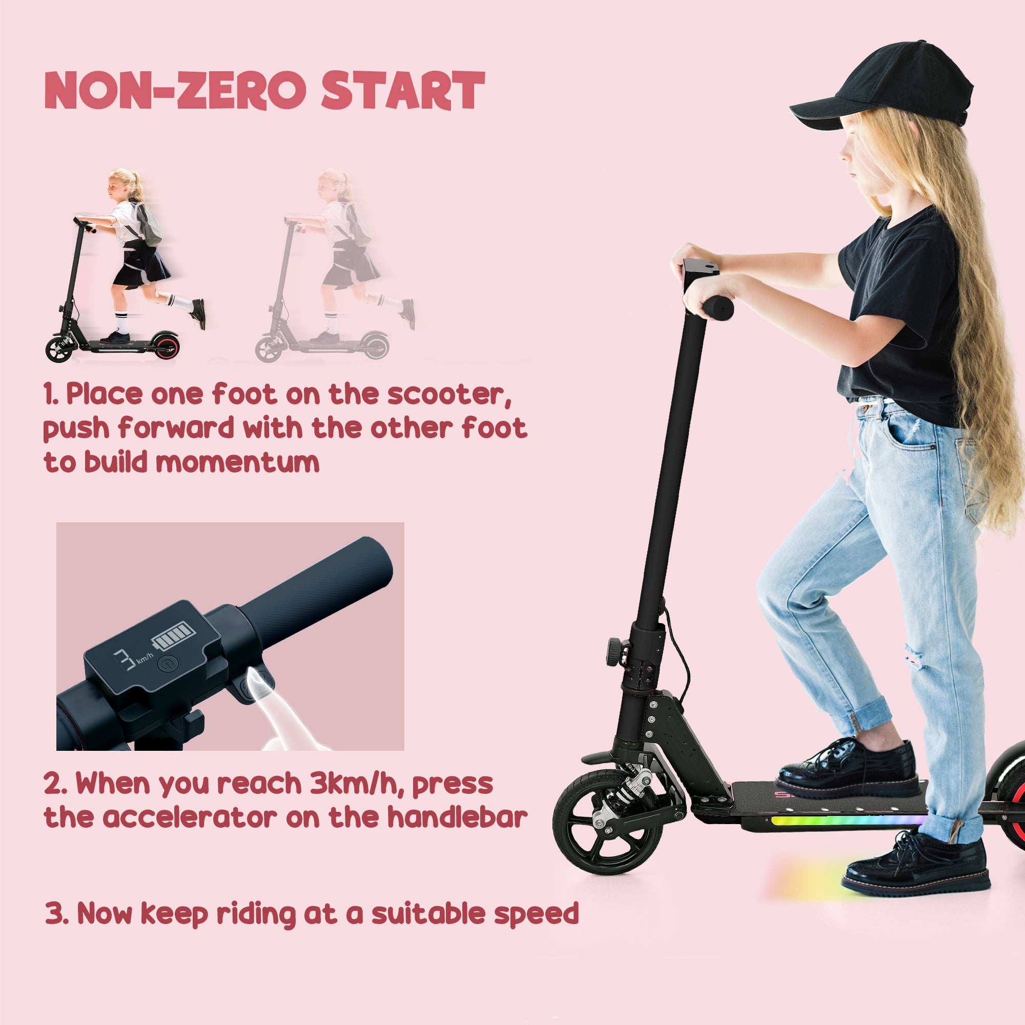 Folding Electric Scooter for Kids 6-14 with Dual Brakes, Front Suspension, LED Lights & Display, 6.8kg Aluminium, 14km/h - Black