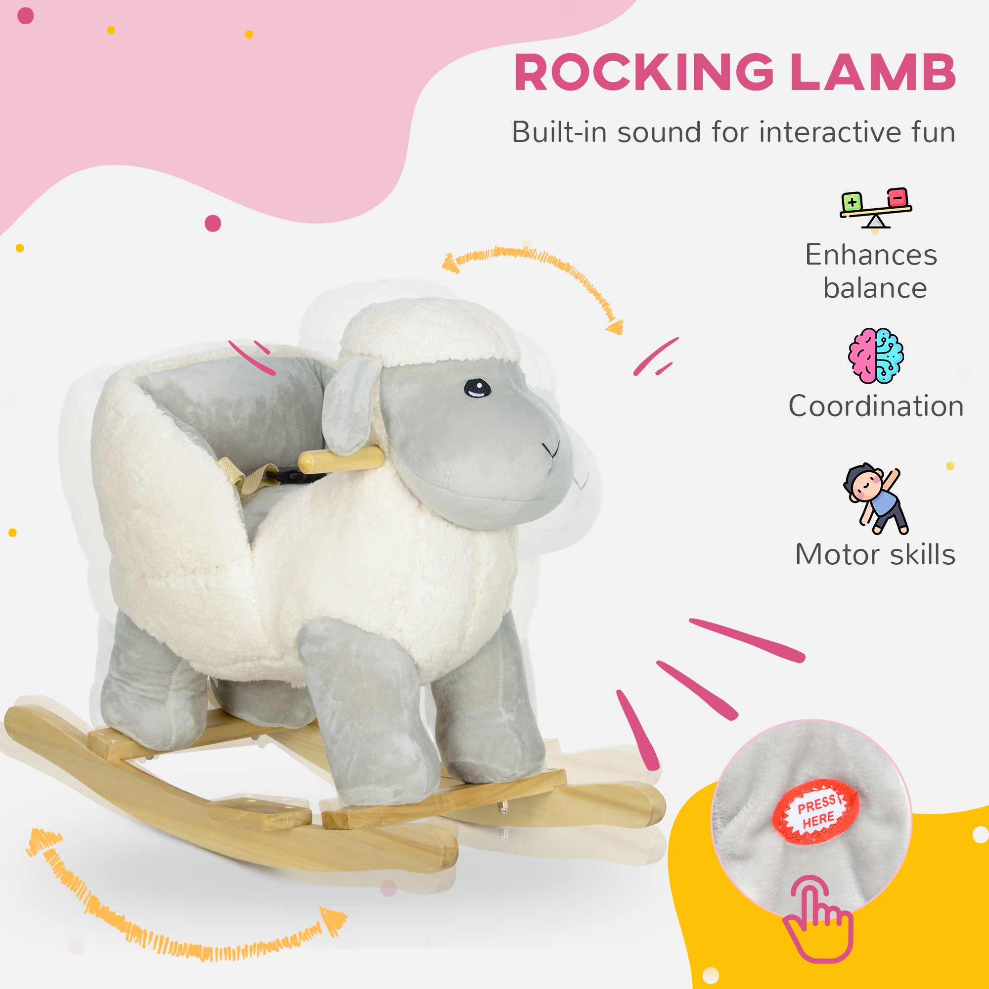 Rocking Horse, Ride on Lamb with Safety Belt, Sound, for Ages 1-3 Years, Grey