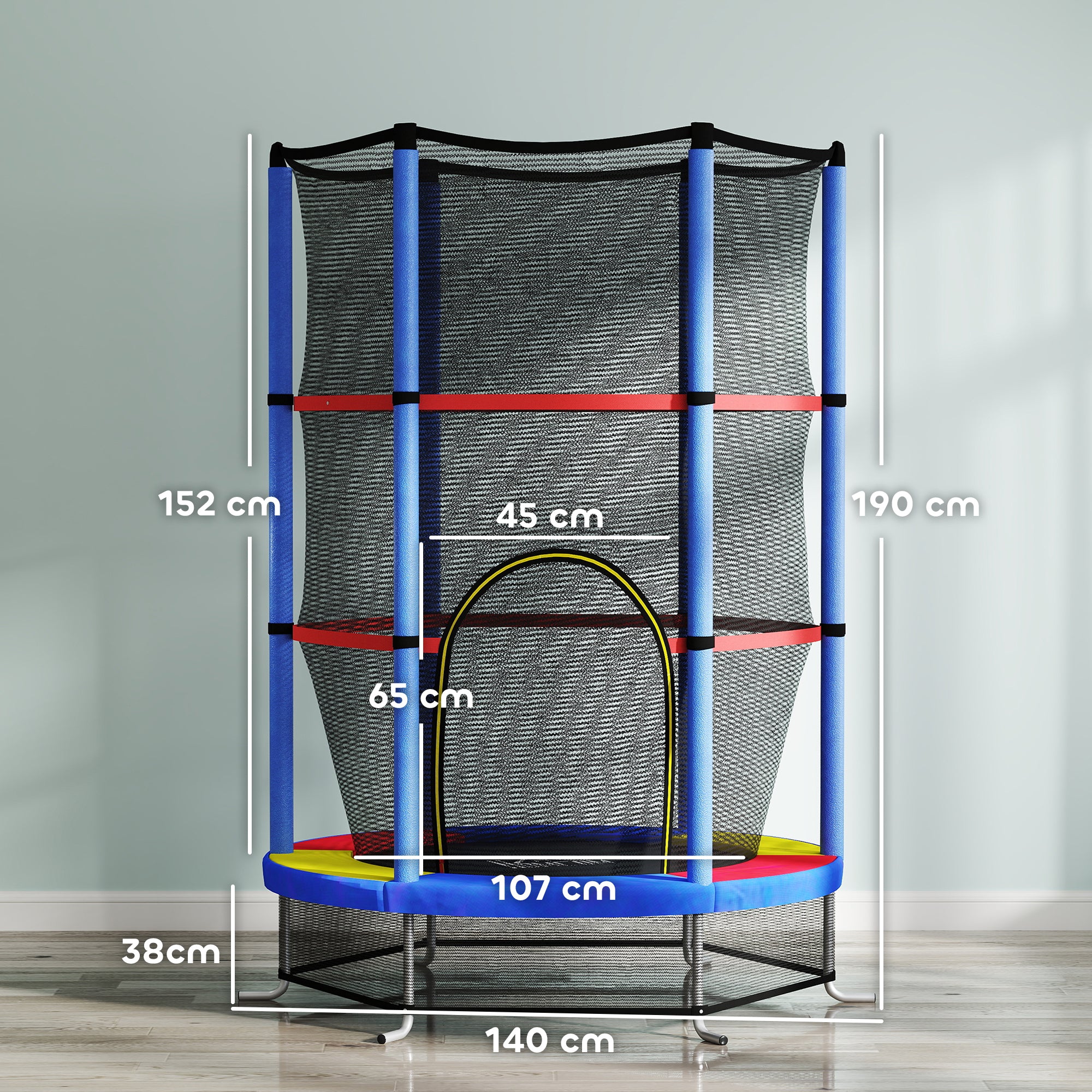 Kids Trampoline, with Enclosure Net, Steel Frame, for Ages 3-6 Years - MultiColoured