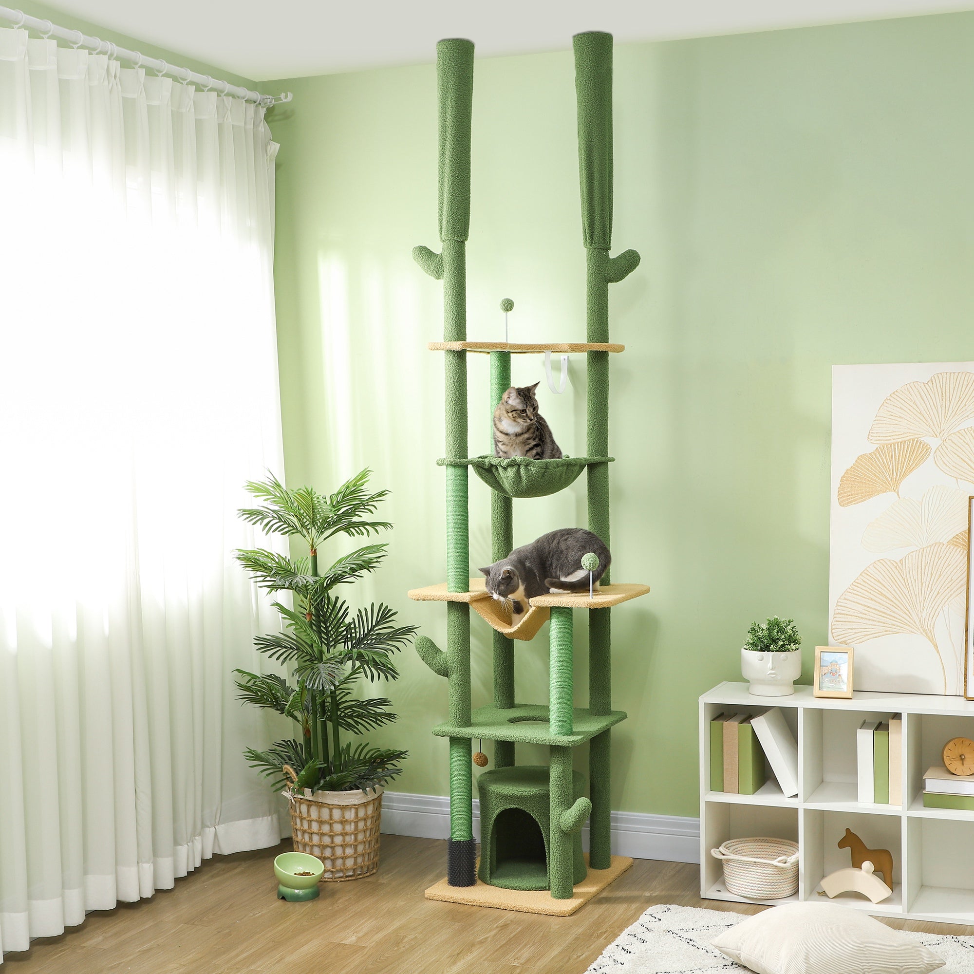 225-255cm Height Adjustable Floor to Ceiling Cat Tree, Tall Cat Tower for Indoor Cats w/ Scratching Posts - Green