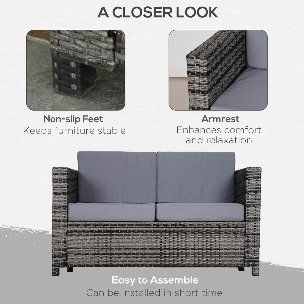 2 Seater Rattan Garden Sofa with Water-Resistant Cushions - Mixed Grey