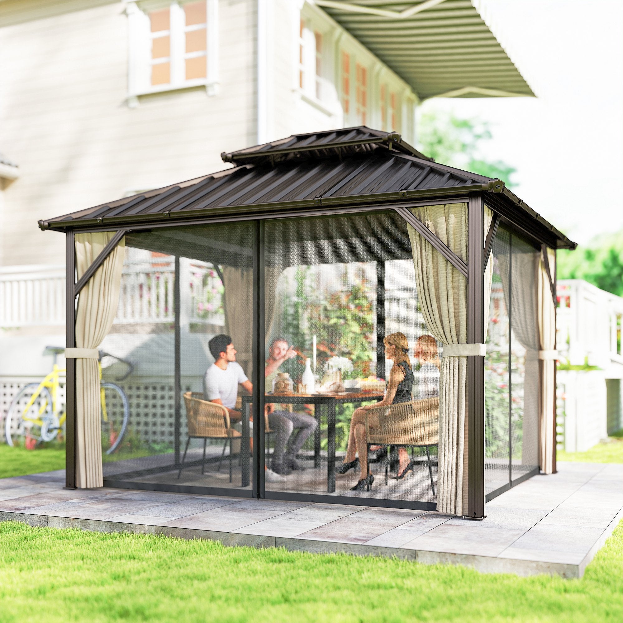 3x3.6 m Hardtop Gazebo Canopy with UPF50+ Double Galvanised Steel Roof, Aluminium Garden Gazebo Permanent Pavilion, Brown