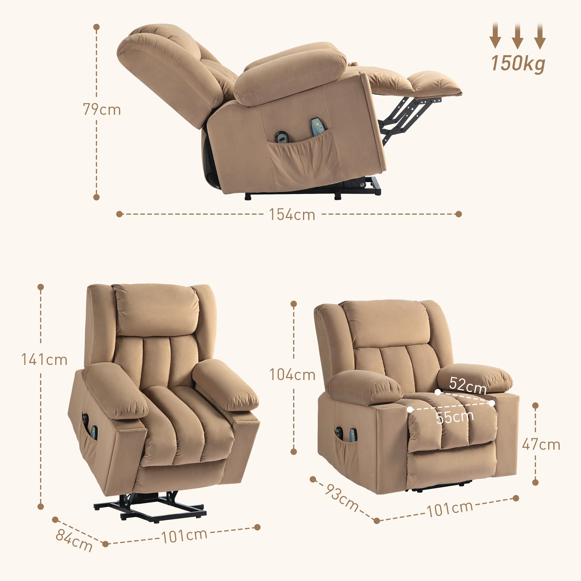 Power Lift Recliner Chair with Vibration Massage and Heat, Electric Lift Chair for Elderly, Overstuffed Fabric Riser and Reclining Armchair with USB Ports, Cup Holders, Light Brown