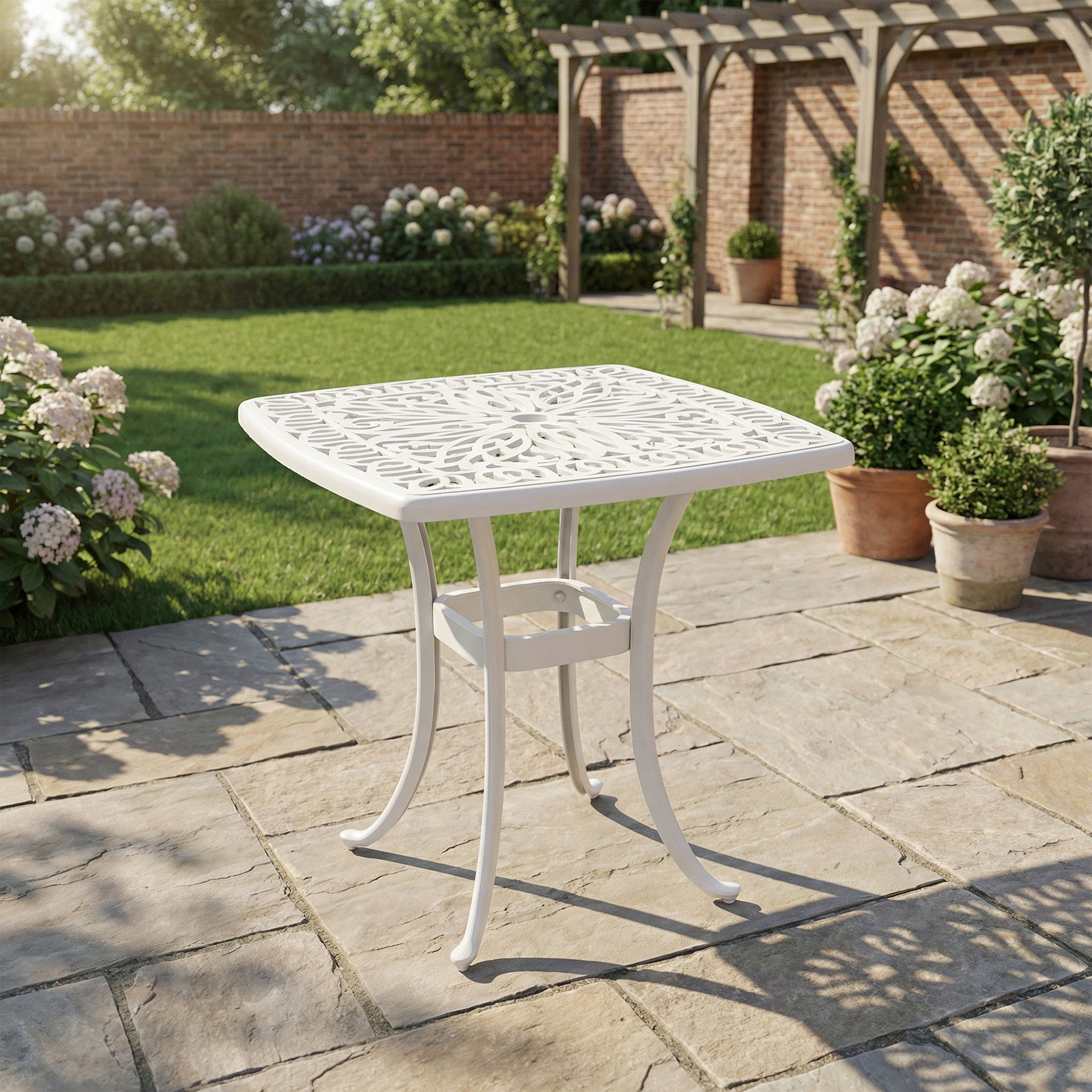 Outdoor Garden Table with 38mm Dia. Umbrella Hole, Cast Aluminium Patio End Table with Anti-slip Foot Pads for Garden