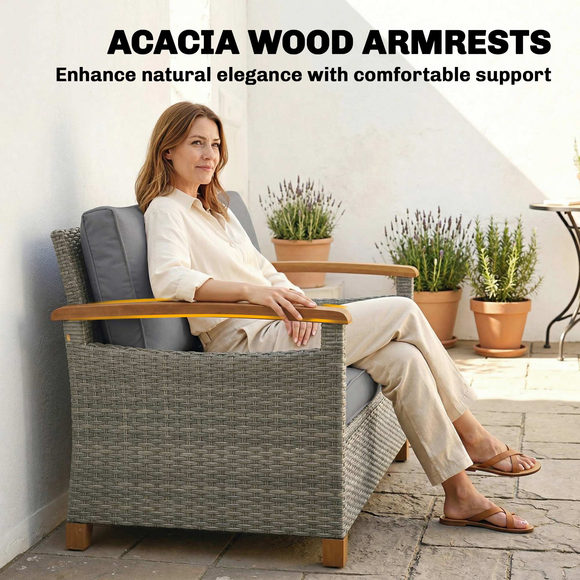 2 Seater Rattan Garden Sofa, Outdoor Sofa with Thickened Cushions and Acacia Wood Armrests, Dark Grey