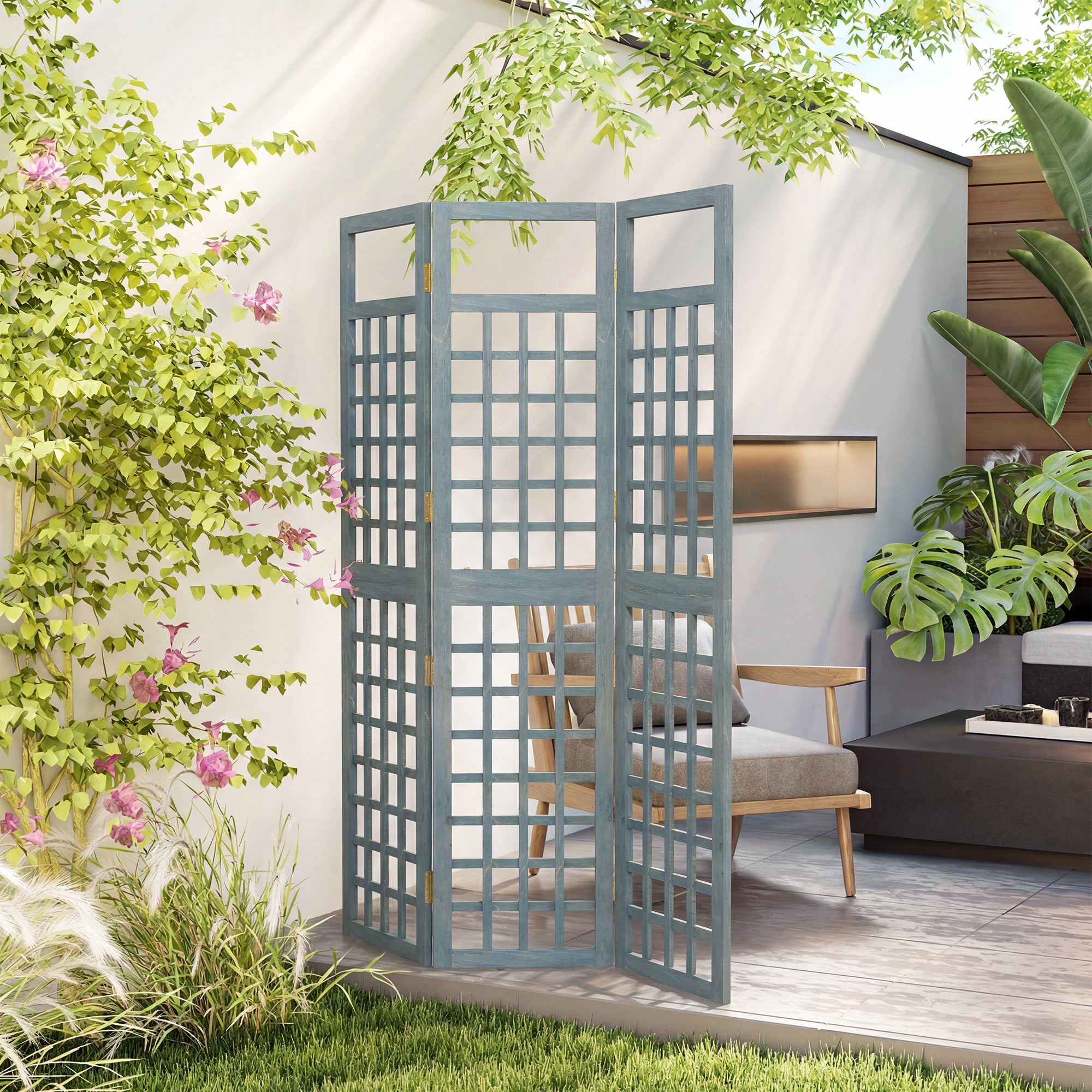 3-Panel Garden Privacy Screen, Freestanding Foldable Wooden Outdoor Divider/Trellis, Decorative Privacy Screen, Grey