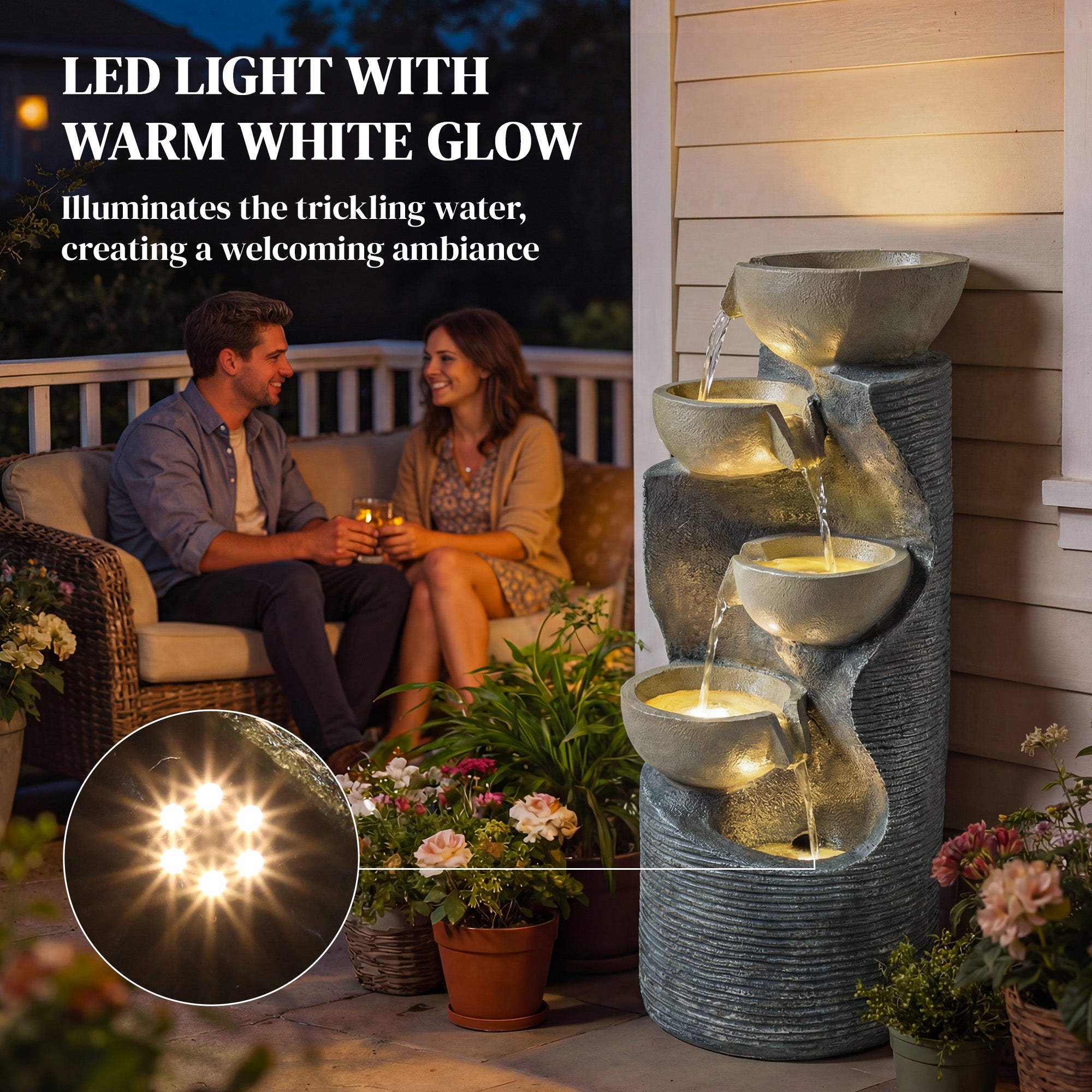 Garden Water Feature, Outdoor Water Fountain with LED Lights and Pump, 5 Tier Cascading Waterfall Fountain for Indoor