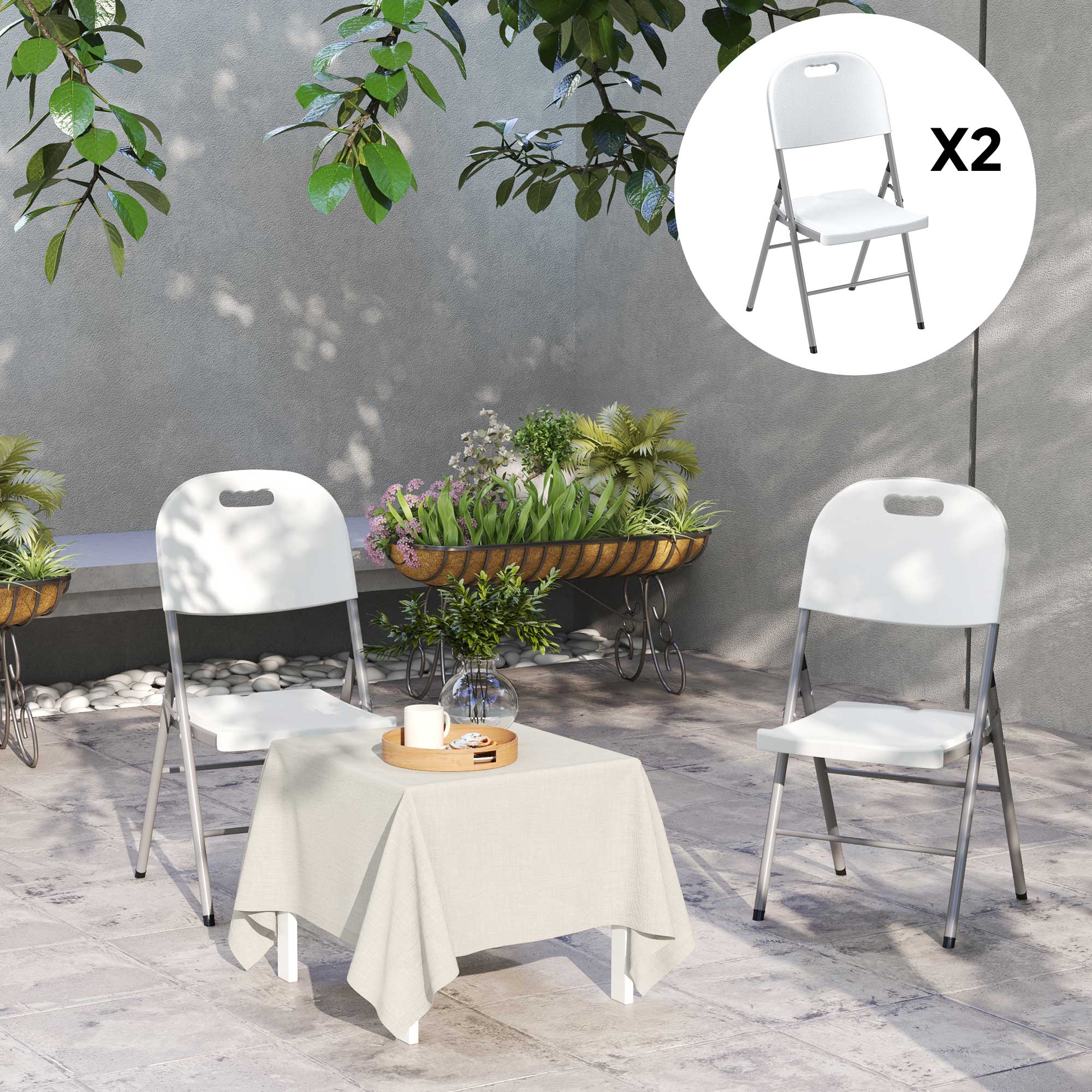 Set of 2 Foldable Steel Frame Outdoor Chairs with Plastic Seats - White