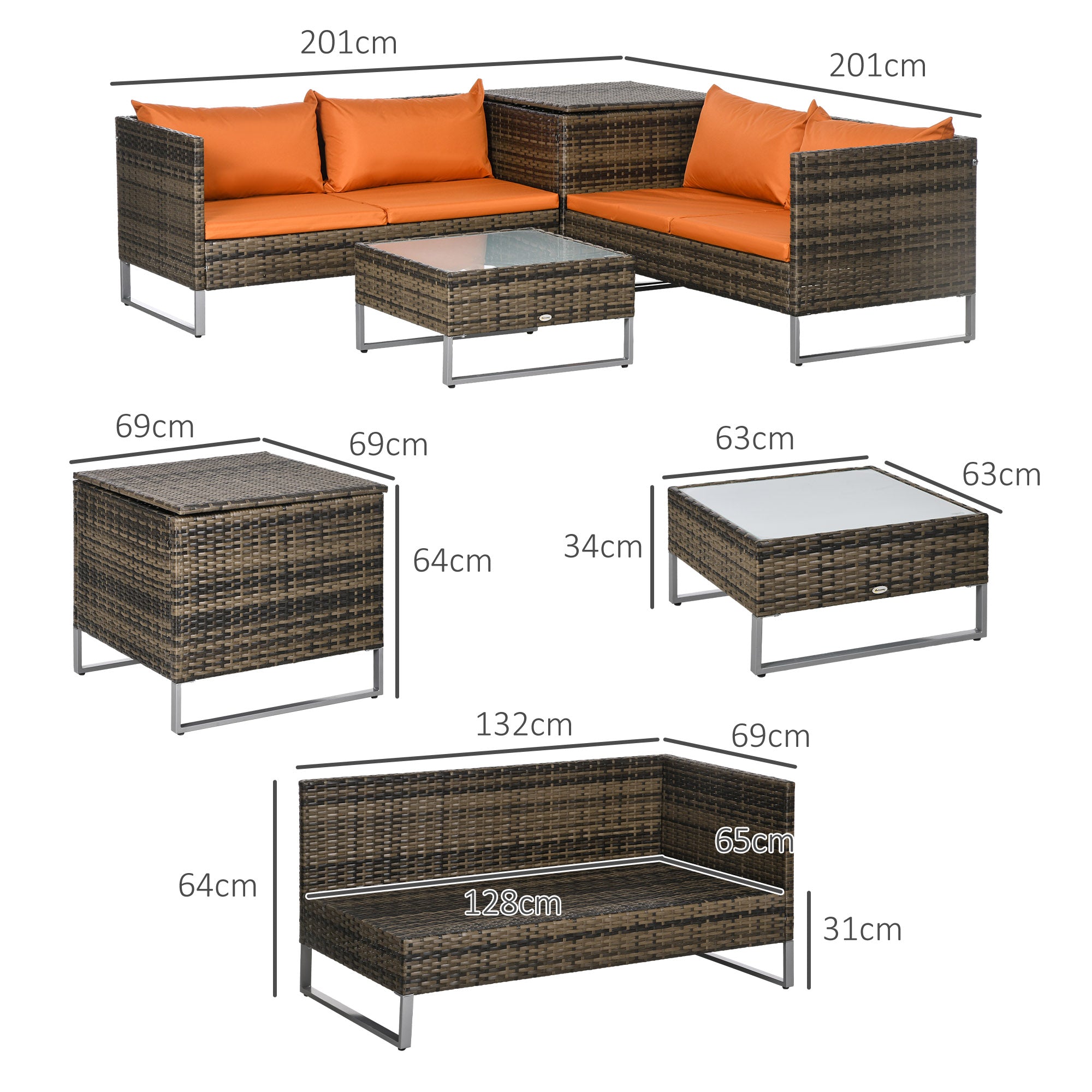 Four-Piece Rattan Sofa Set, with Storage Table - Orange/Brown