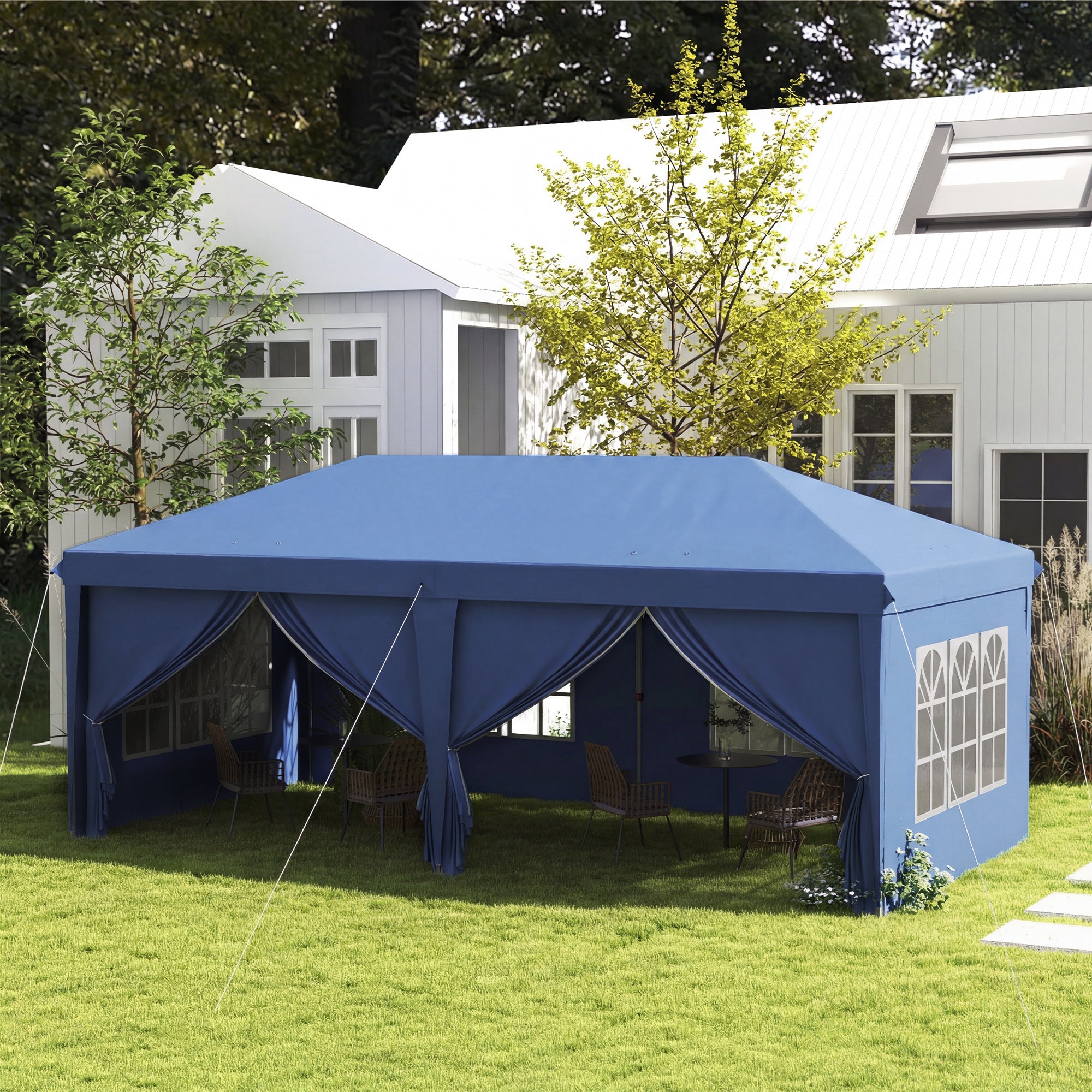 3x6m Pop-Up Gazebo, with Curtain Walls and Windows, Blue