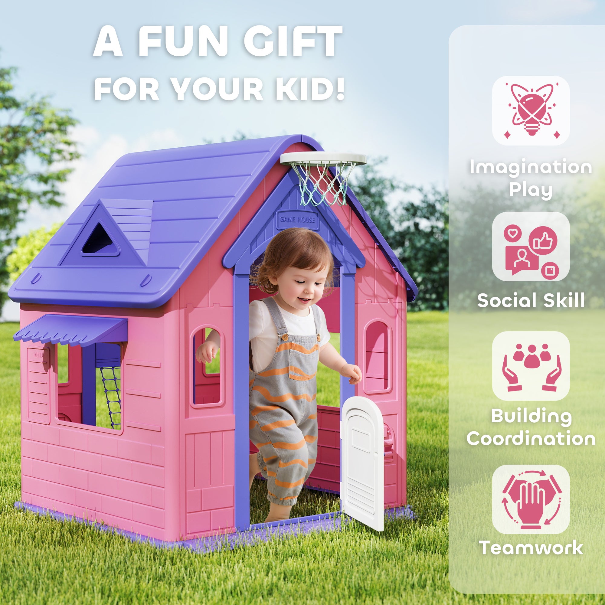 5-in-1 Playhouse for Kids Outdoor Indoor with Basketball Hoop, Football Goal, Dartboard, Ring Toss for 2-5 Years, Pink