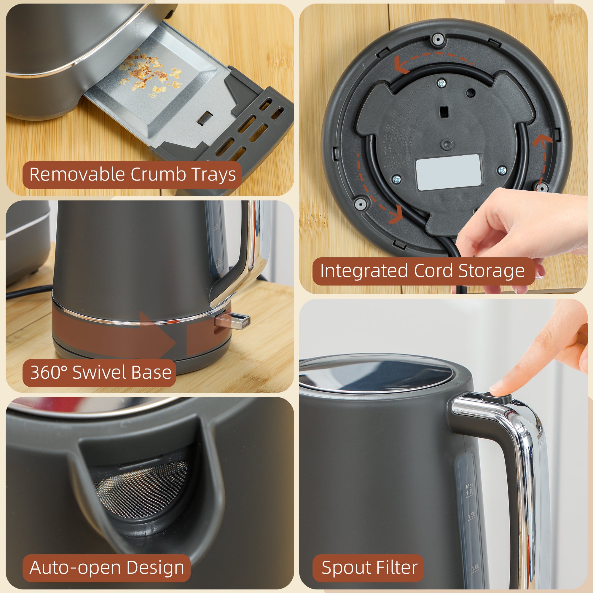 1.7L 3000W Kettle and 2-Slice Toaster Set with 6 Browning Levels, Defrost & Reheat - Grey