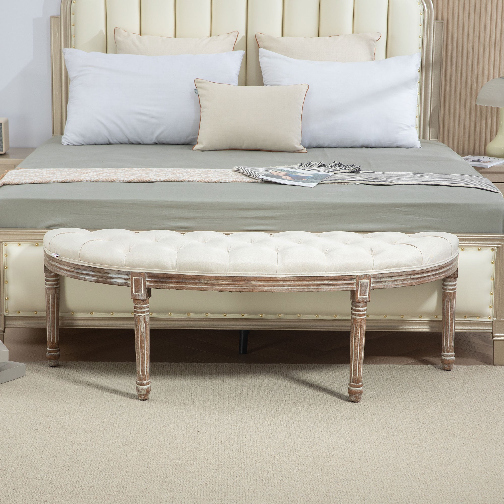 Half Circle Padded Bed End Bench - Cream White