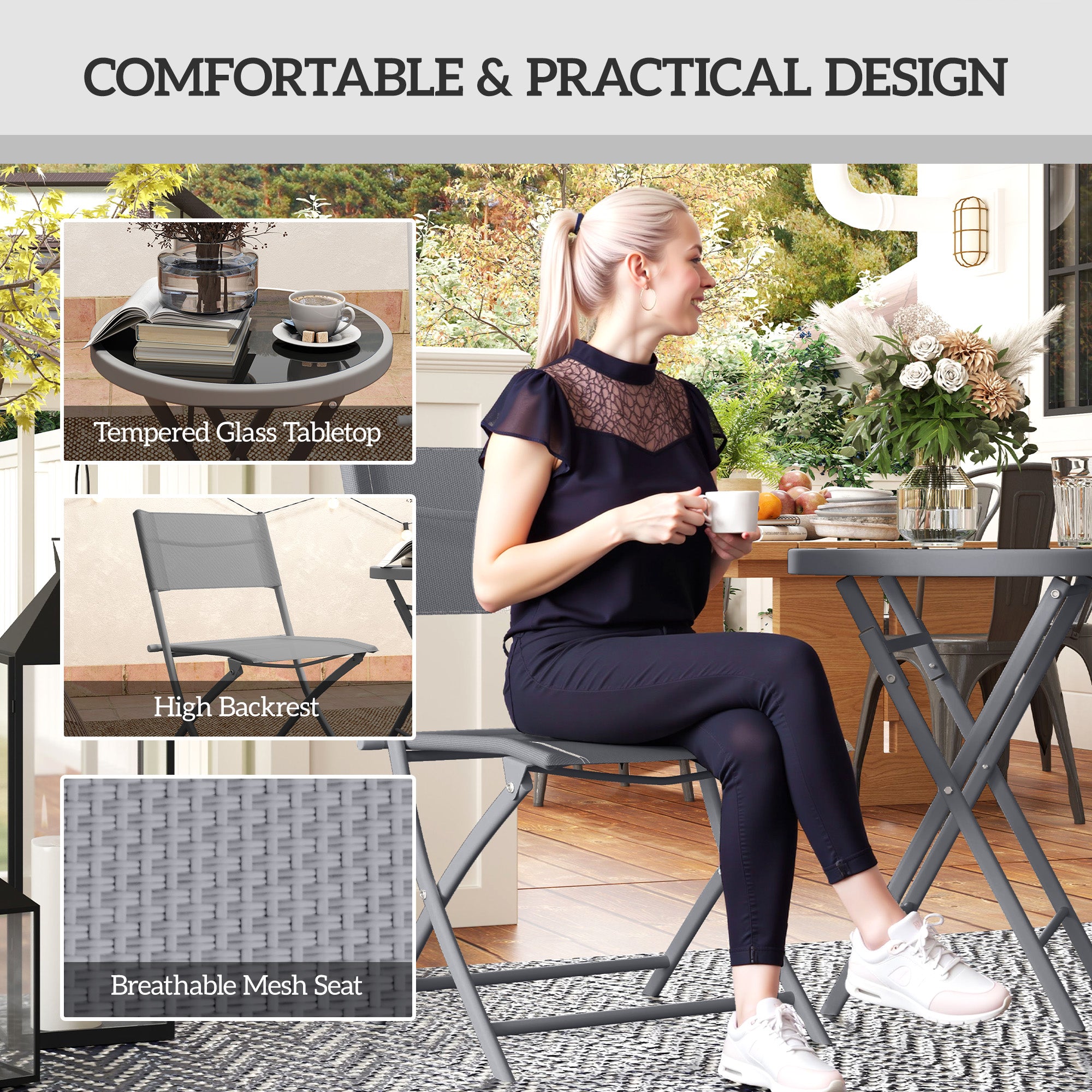 3 Pieces Outdoor Bistro Set, Glass Top Outdoor Table and 2 Folding Chairs with Protecting Feet, Grey